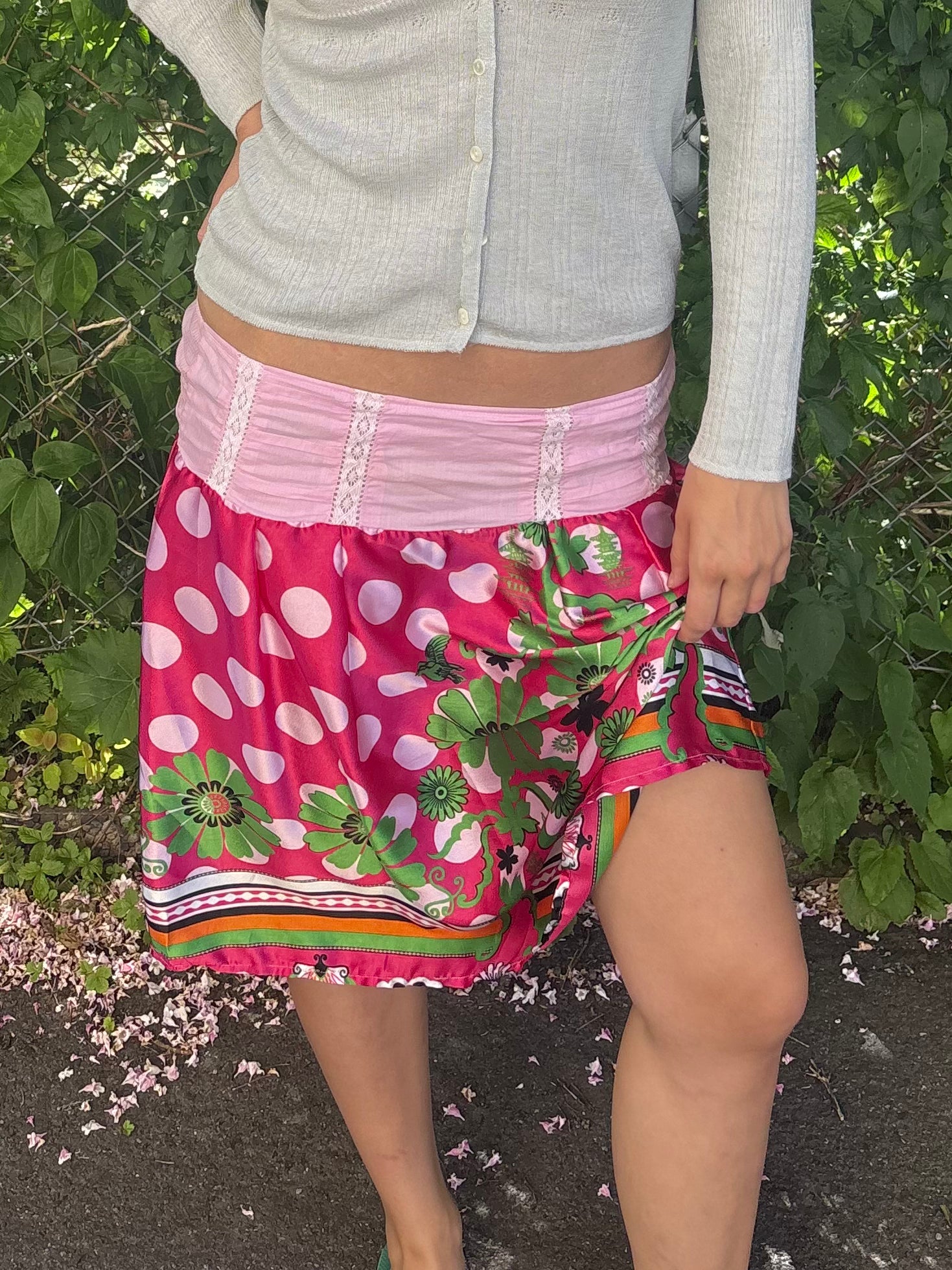 Pink Polka Dot Floral Midi Skirt