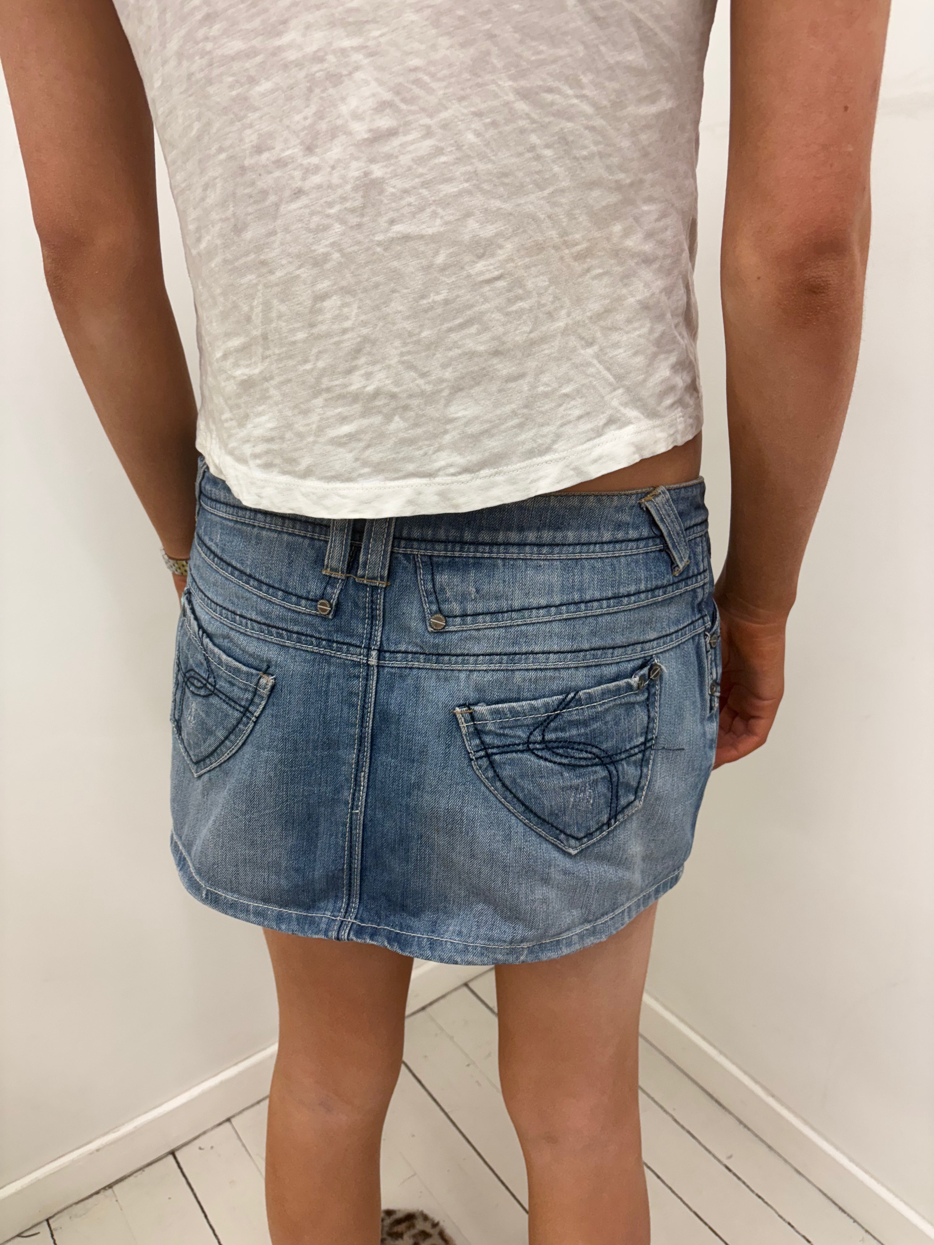 Denim Mini Skirt Low Rise Embroidered Pockets