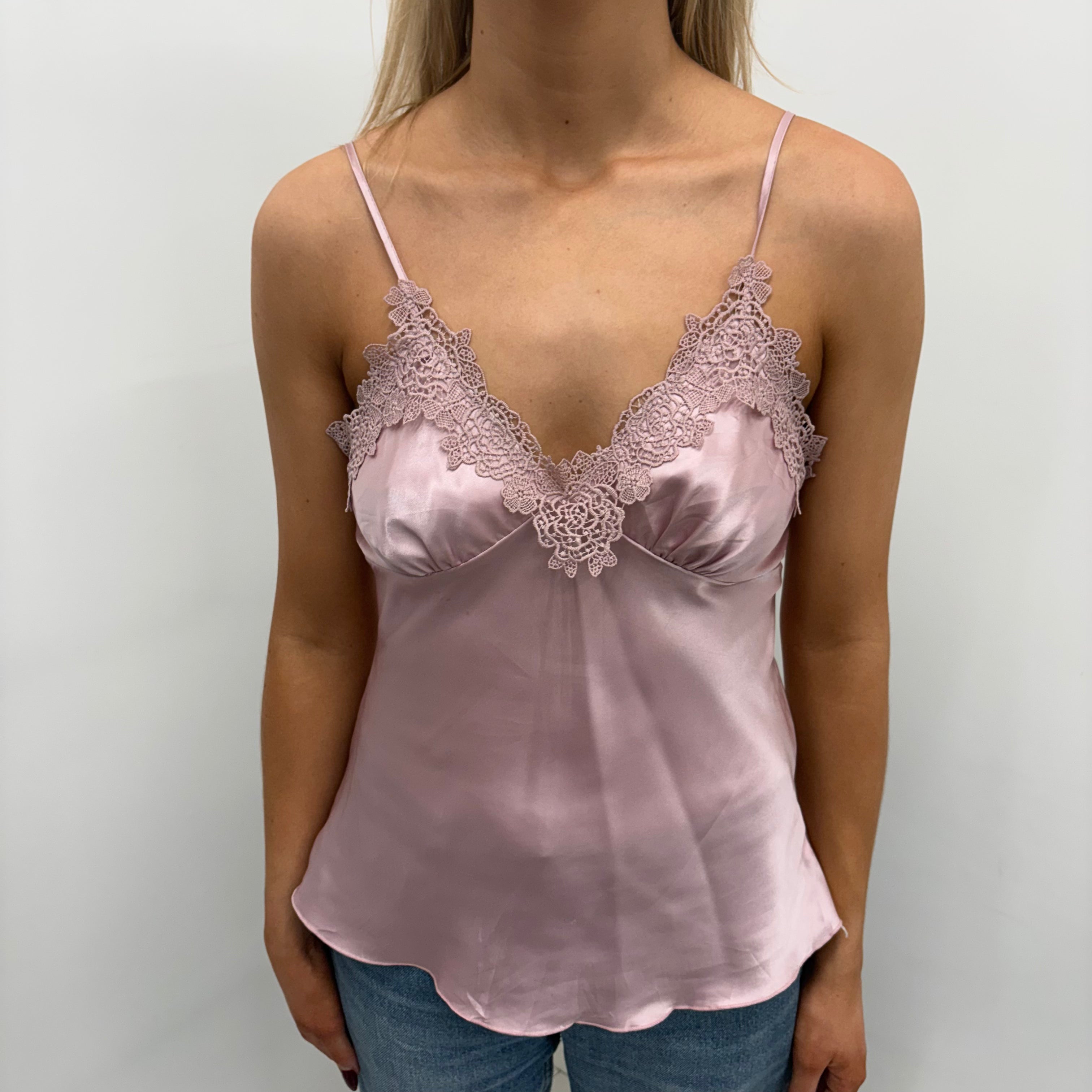 Pink Satin Camisole Top with Lace
