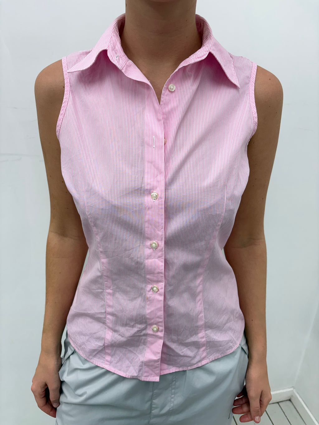 Pink Pinstripe Sleeveless Button-Up Shirt