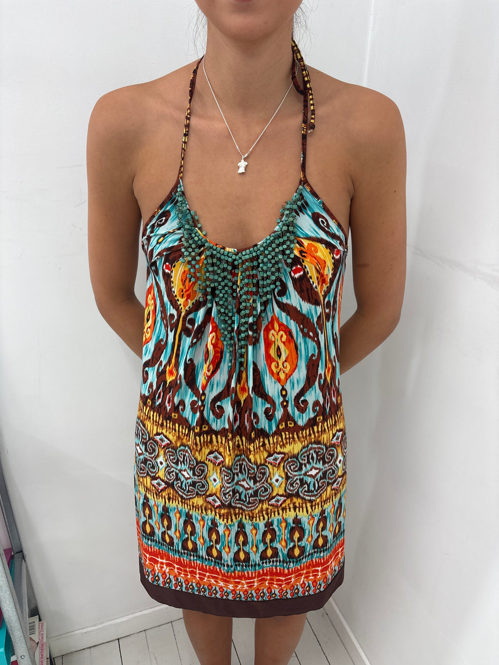 Turquoise Brown Ikat Print Halter Dress with Beaded Trim