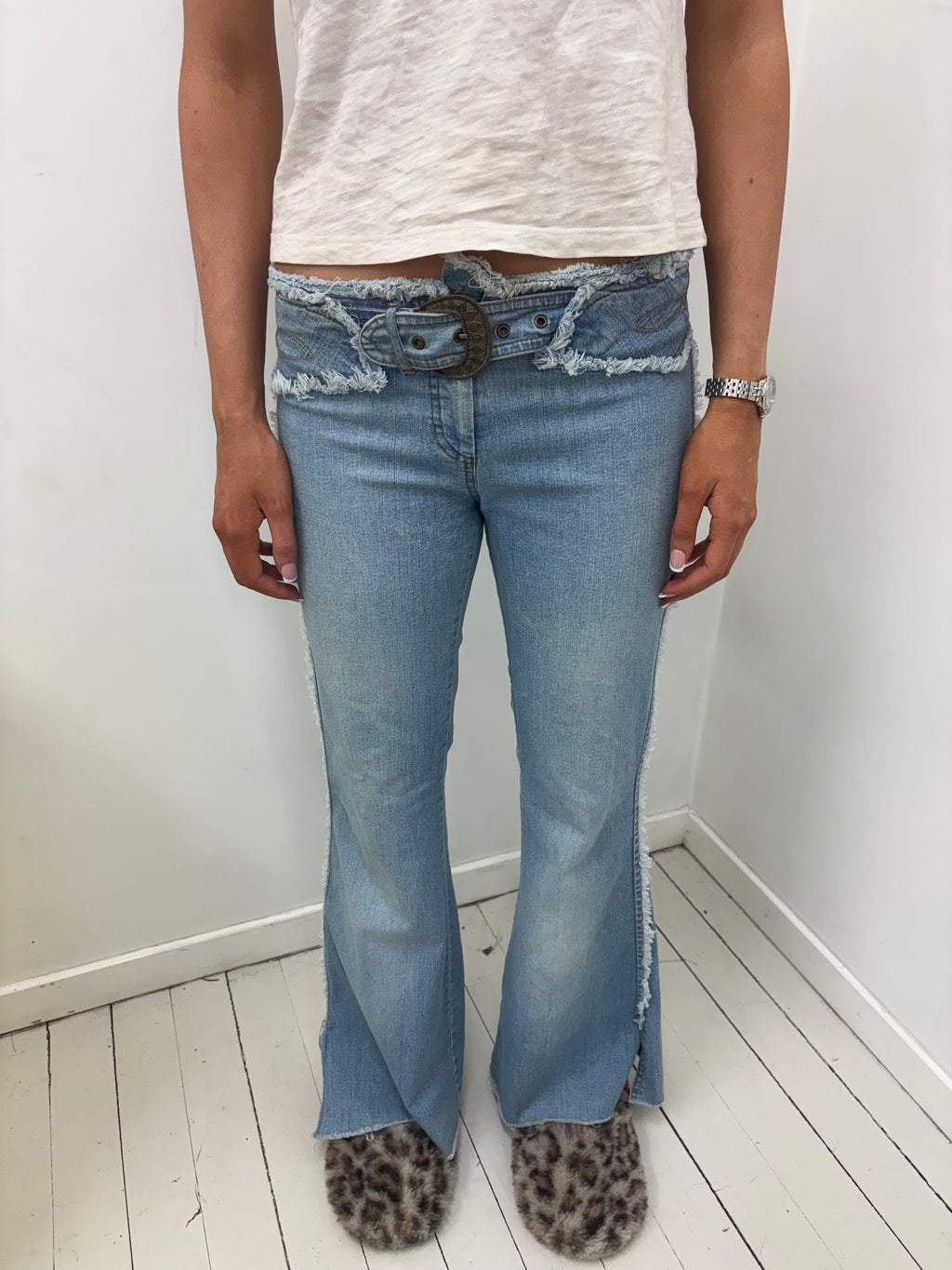Y2K light Wash Flare Jeans Frayed Waistband Embroidery