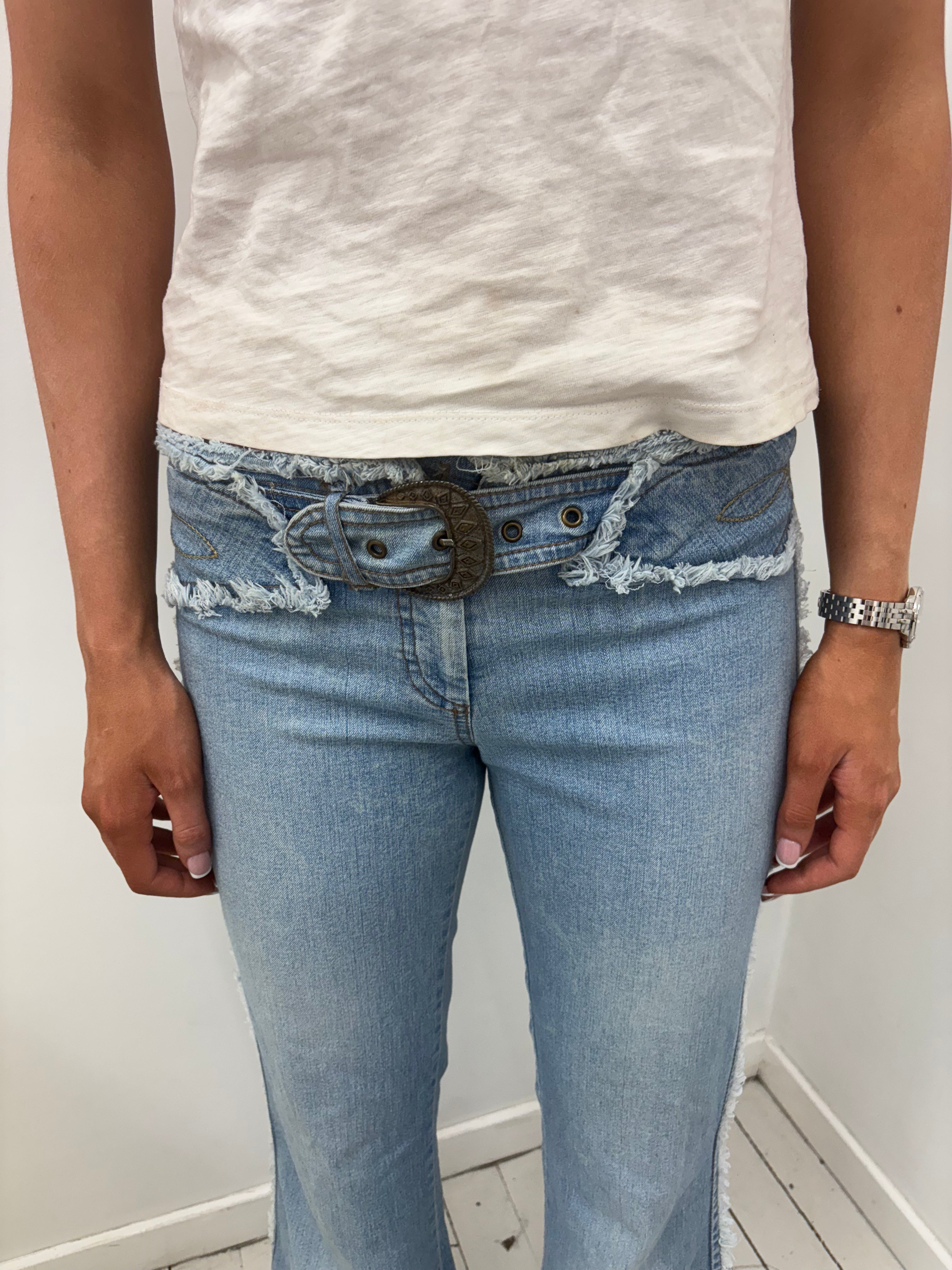 Y2K light Wash Flare Jeans Frayed Waistband Embroidery