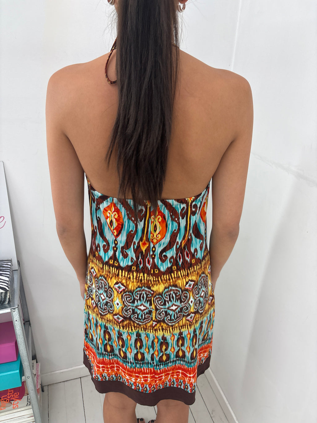 Turquoise Brown Ikat Print Halter Dress with Beaded Trim