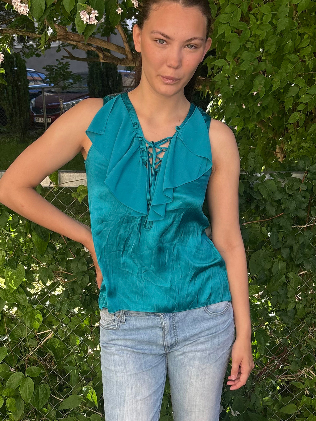 Teal Silk Ruffle Top with Lace-Up Front