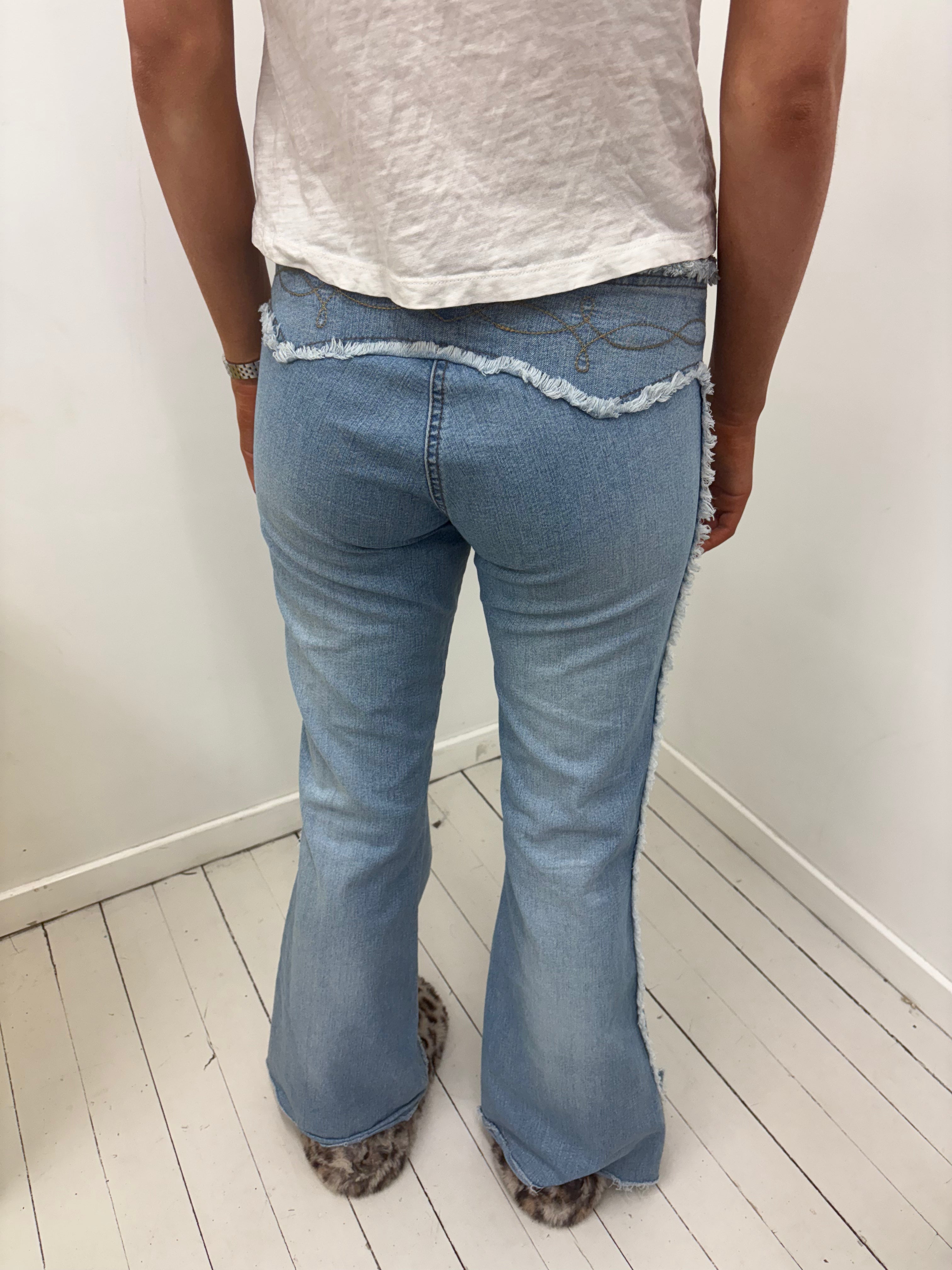 Y2K light Wash Flare Jeans Frayed Waistband Embroidery