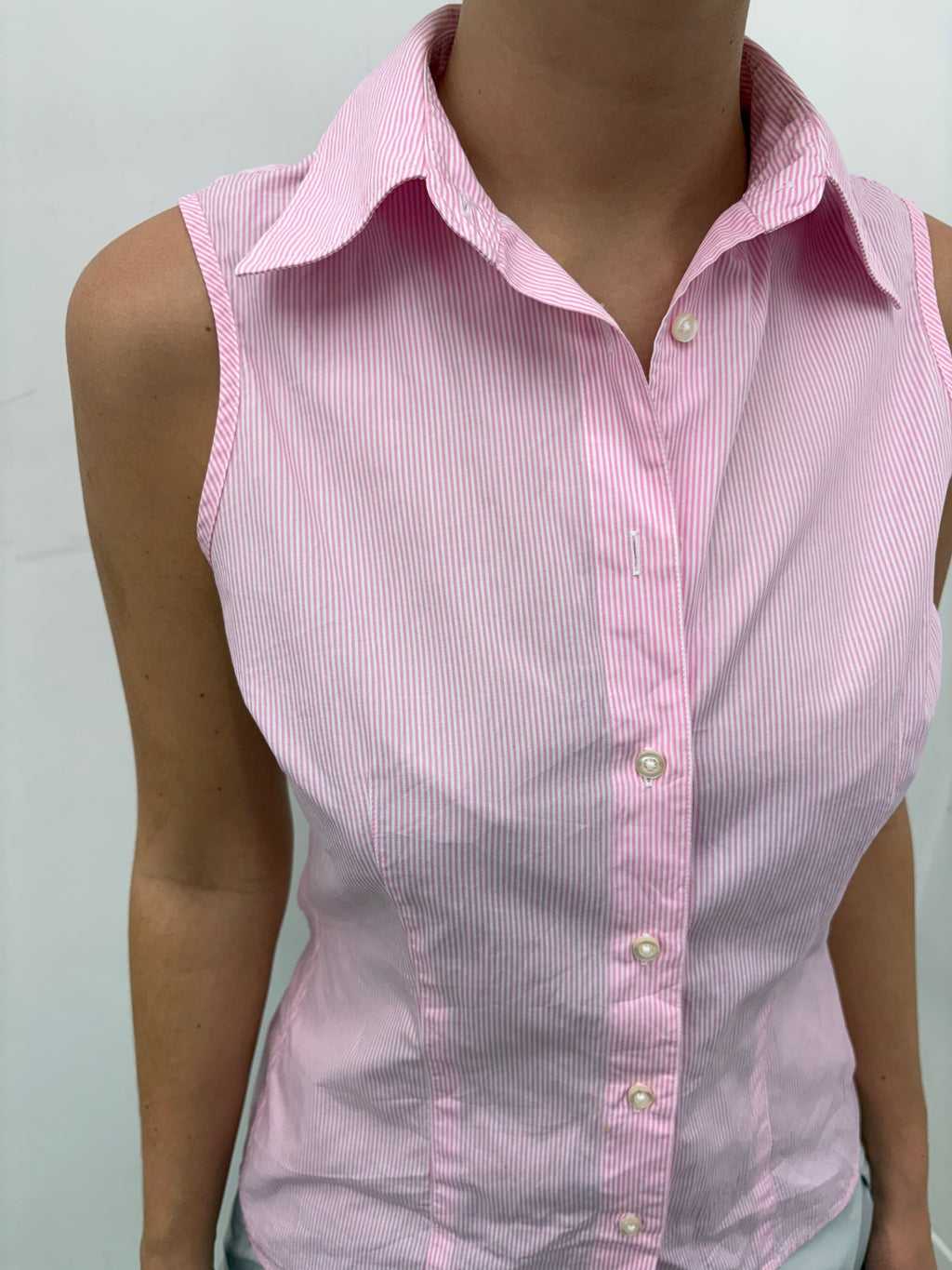 Pink Pinstripe Sleeveless Button-Up Shirt
