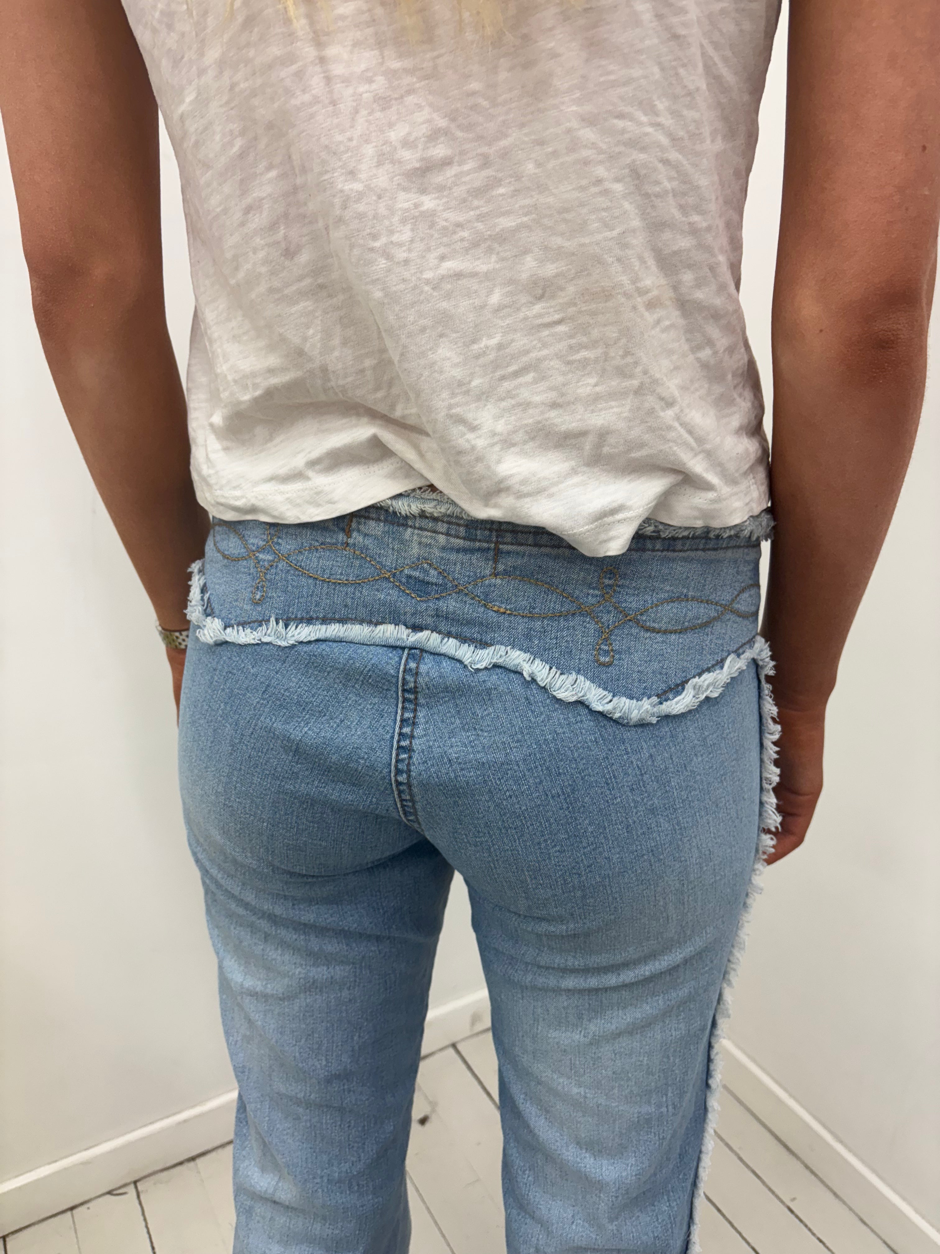 Y2K light Wash Flare Jeans Frayed Waistband Embroidery