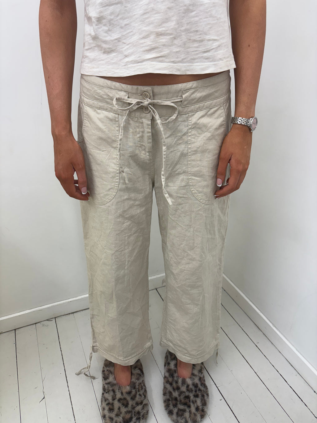 Sand Linen Cropped Trousers Tie Waist