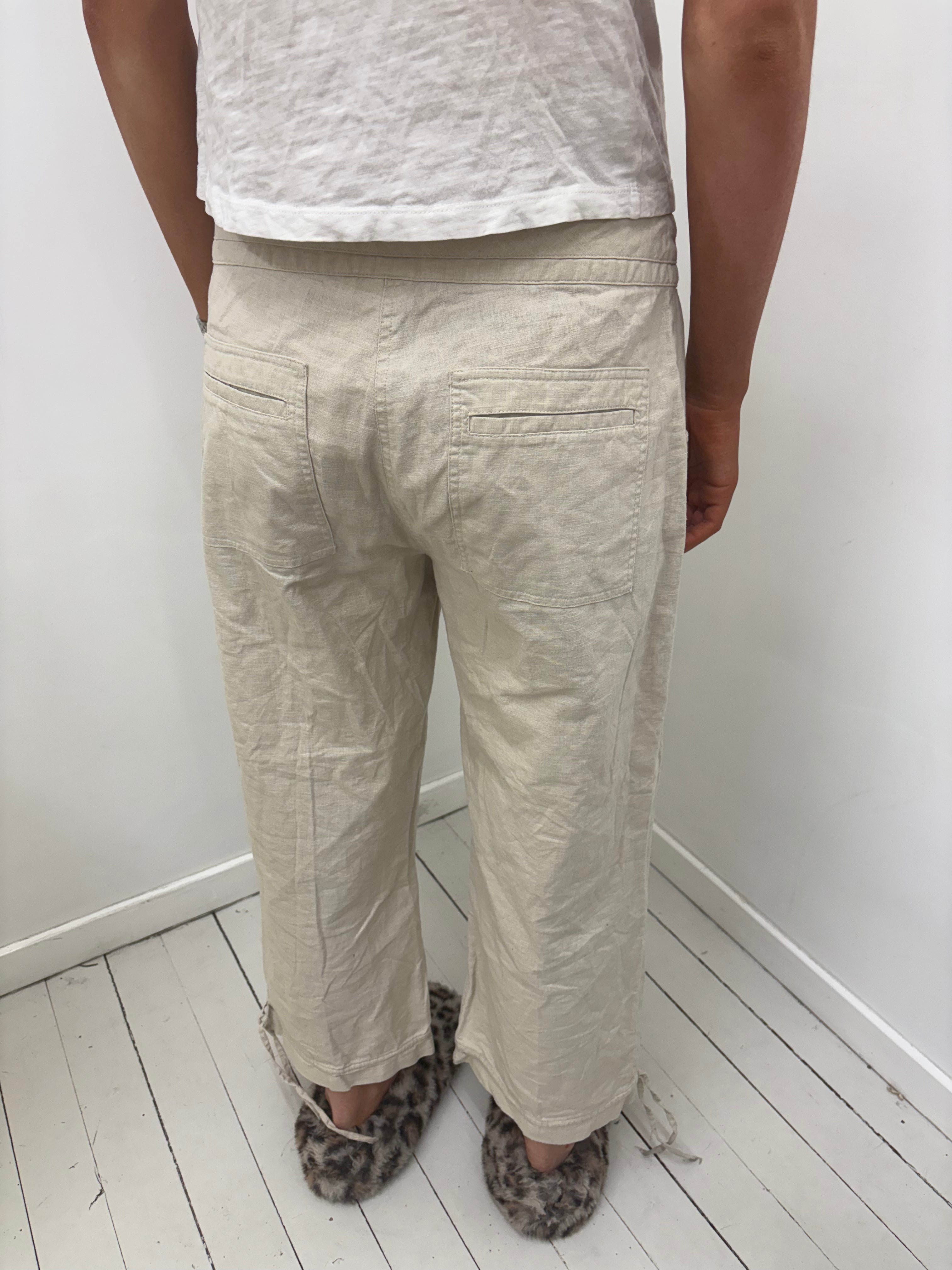 Sand Linen Cropped Trousers Tie Waist