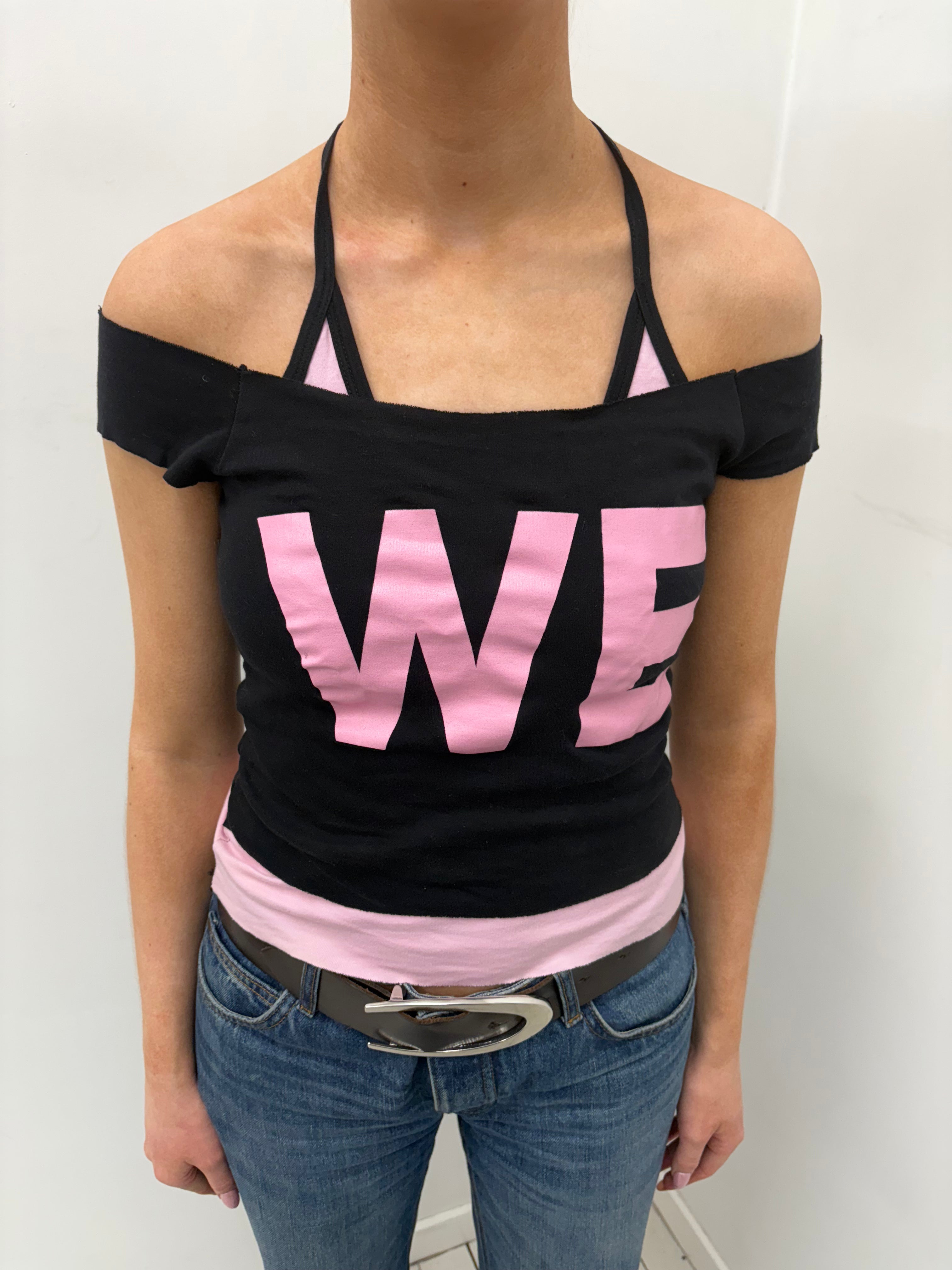 Y2K Black & Pink “WE” Off-Shoulder Halter Top