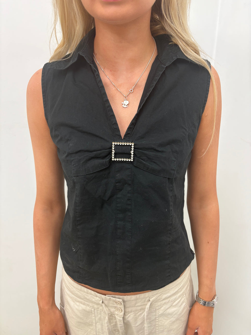 Black Sleeveless Shirt Diamanté Buckle Detail