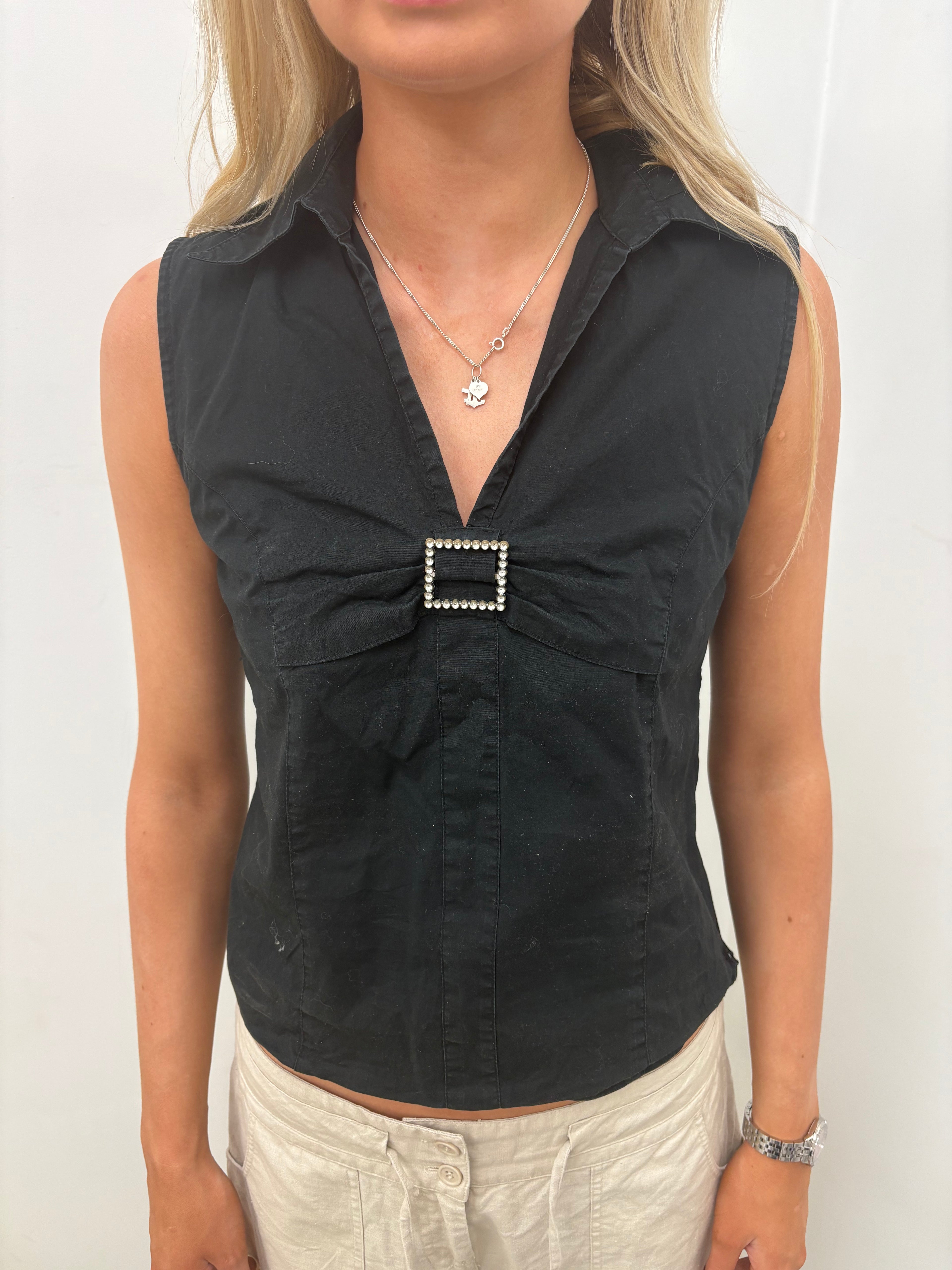 Black Sleeveless Shirt Diamanté Buckle Detail