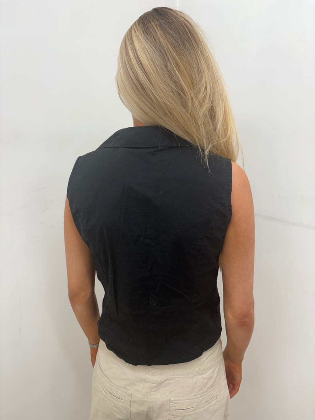 Black Sleeveless Shirt Diamanté Buckle Detail