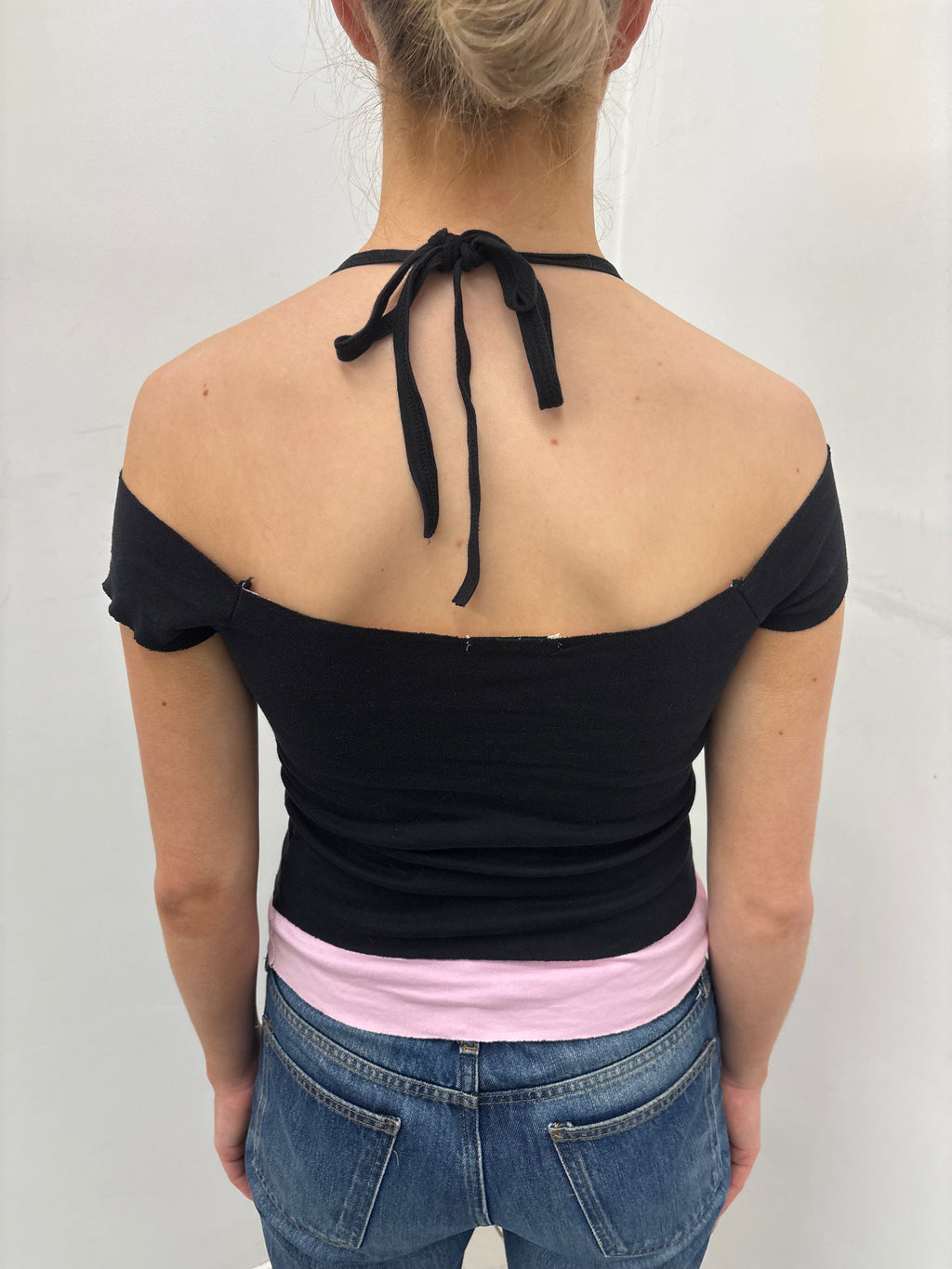 Y2K Black & Pink “WE” Off-Shoulder Halter Top