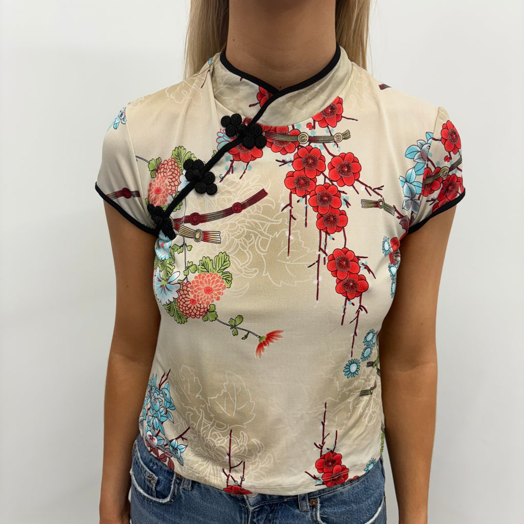 Beige Floral Oriental-Style Top