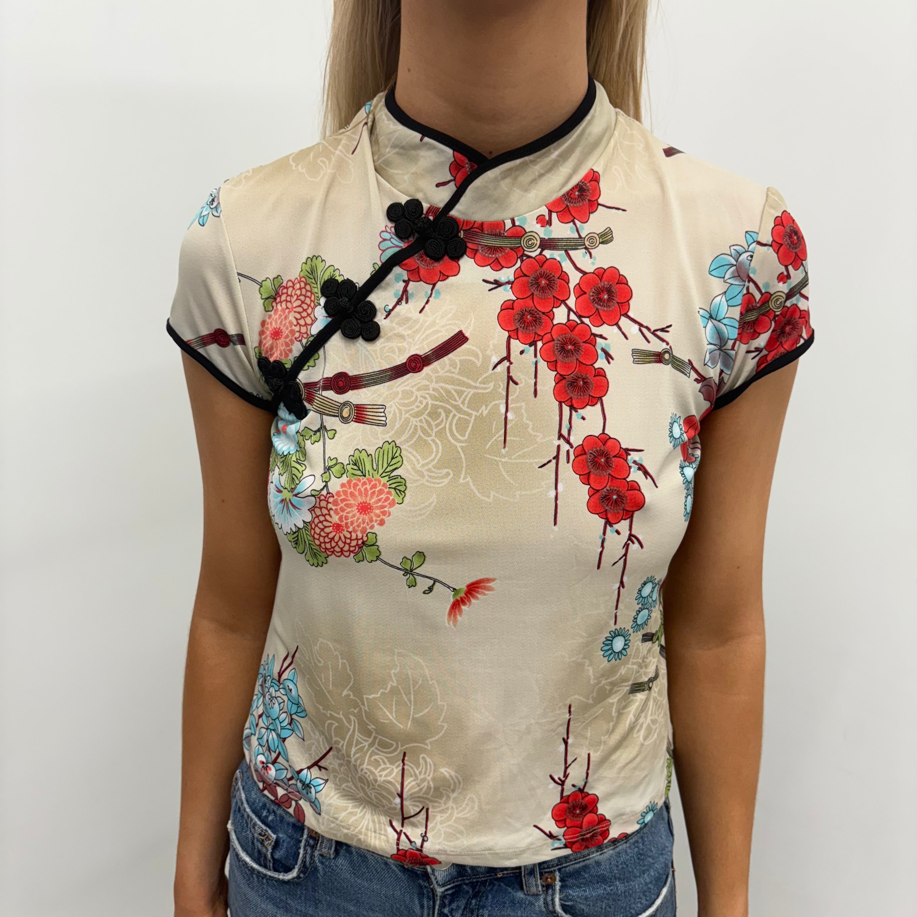Beige Floral Oriental-Style Top