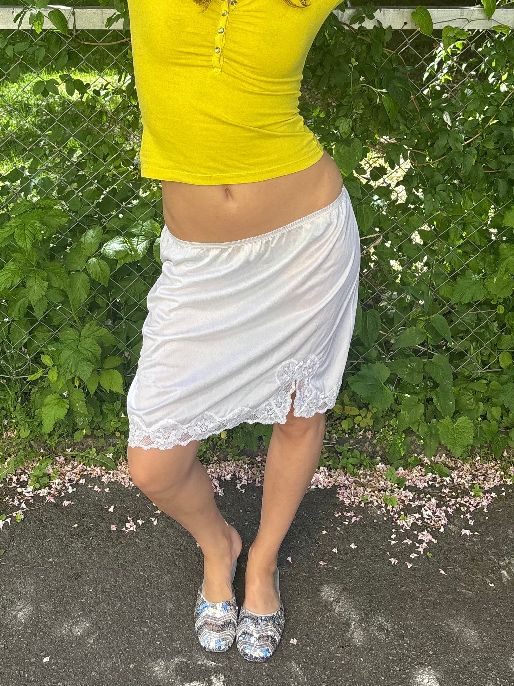 White Satin Lace-Trim Slip Skirt