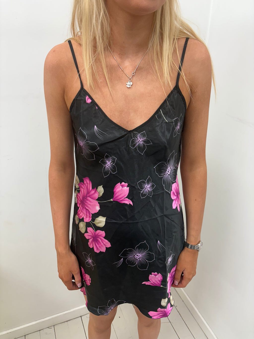 Black Floral Satin Slip Dress Pink Rose Print