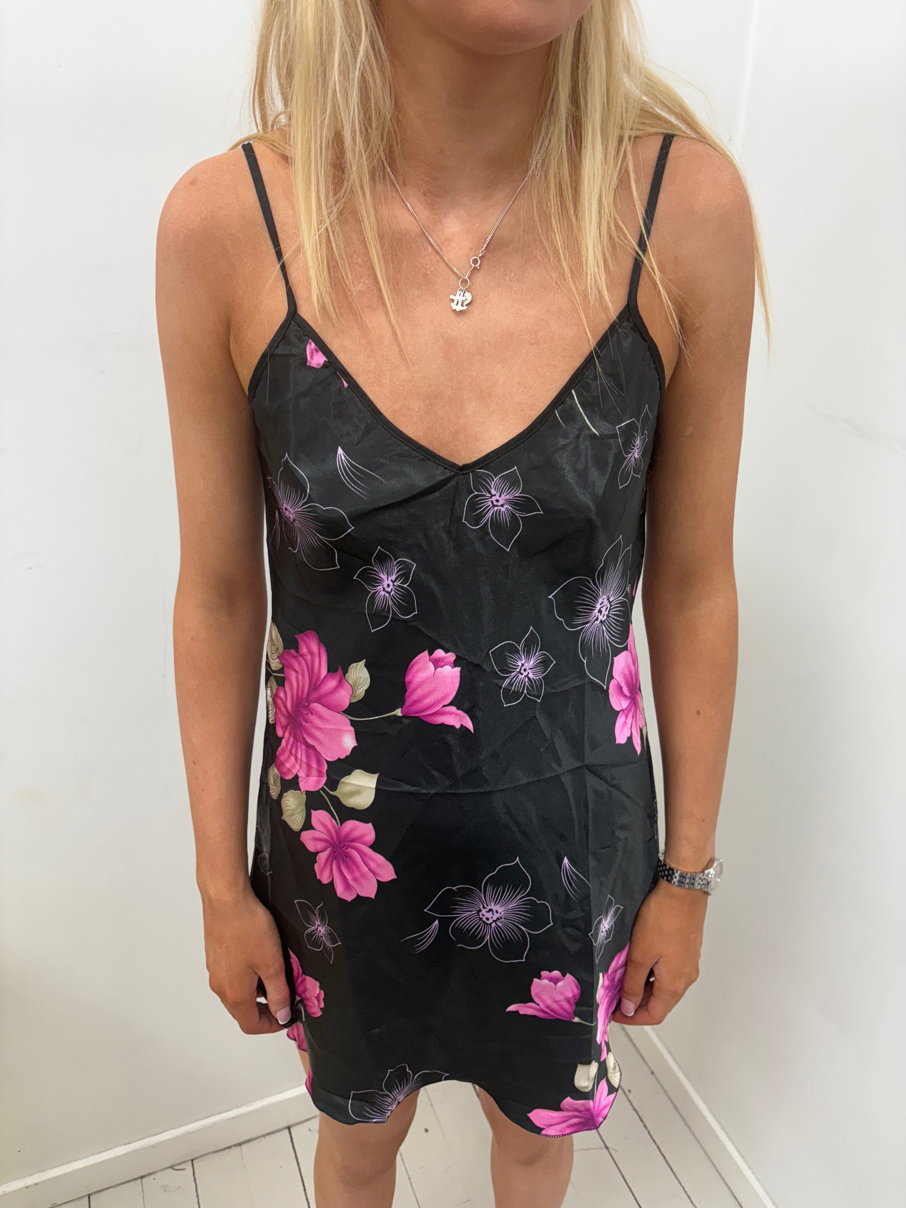 Black Floral Satin Slip Dress Pink Rose Print