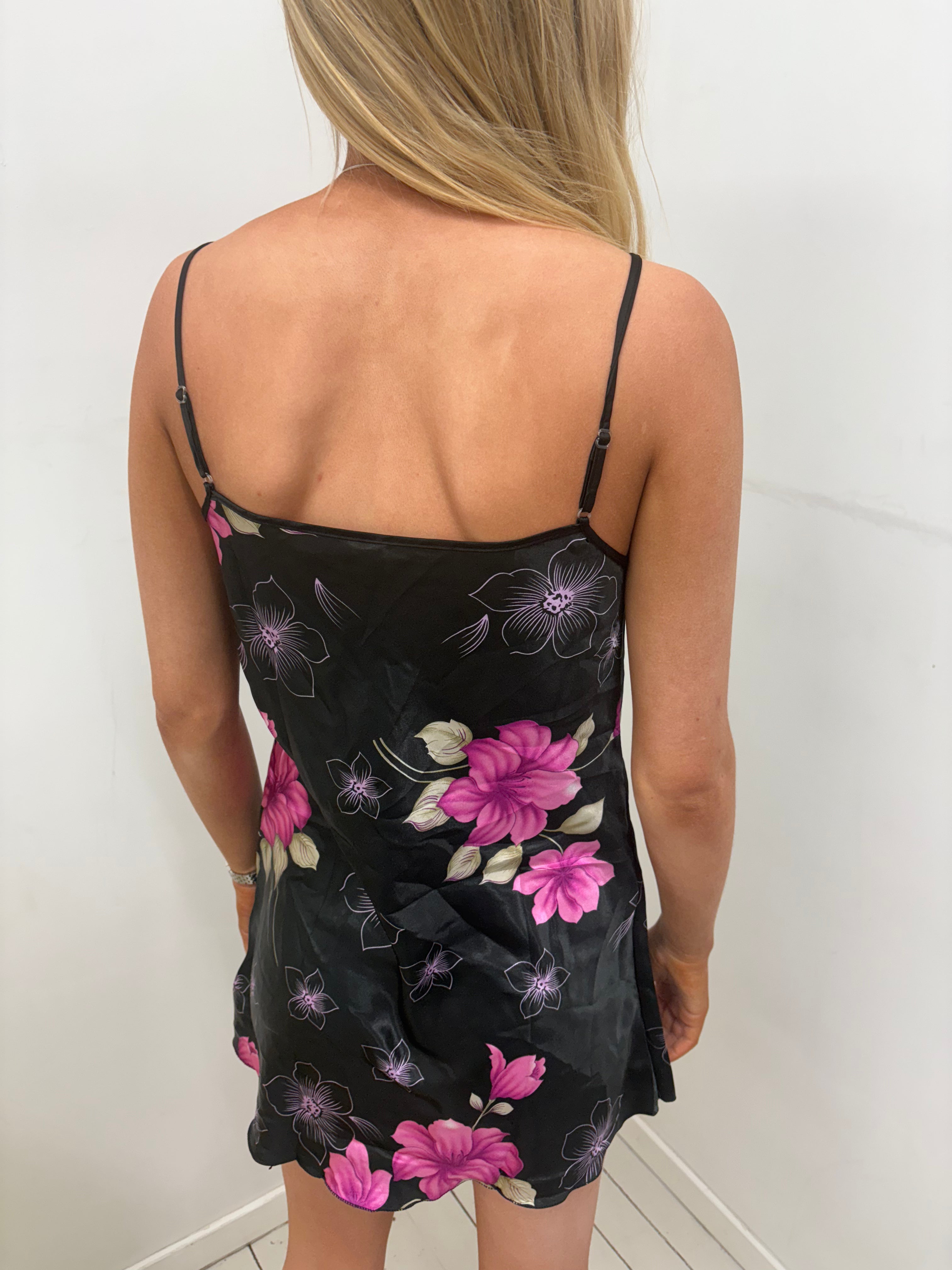 Black Floral Satin Slip Dress Pink Rose Print