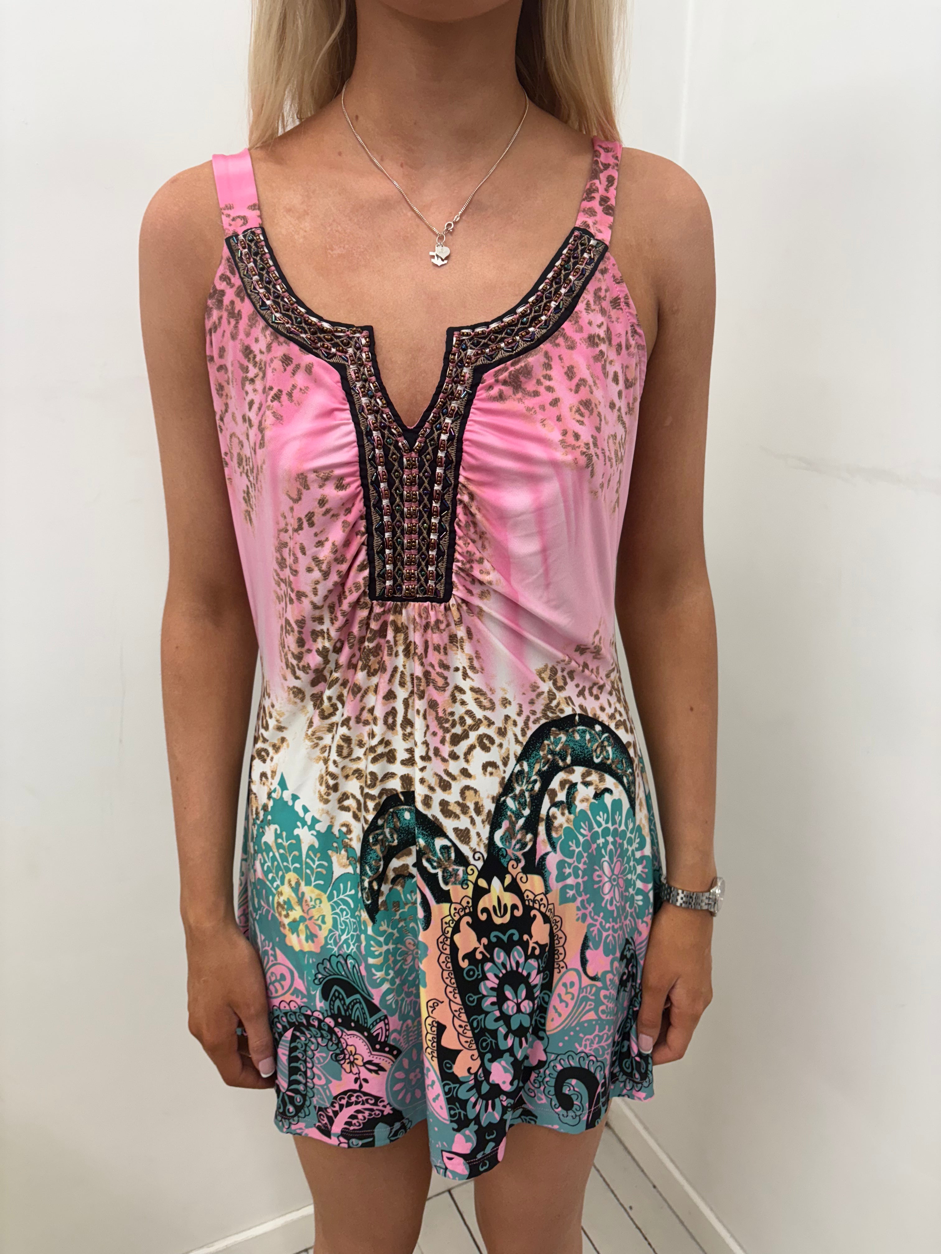 Pink Leopard & Paisley Print Mini Dress Beaded Neckline