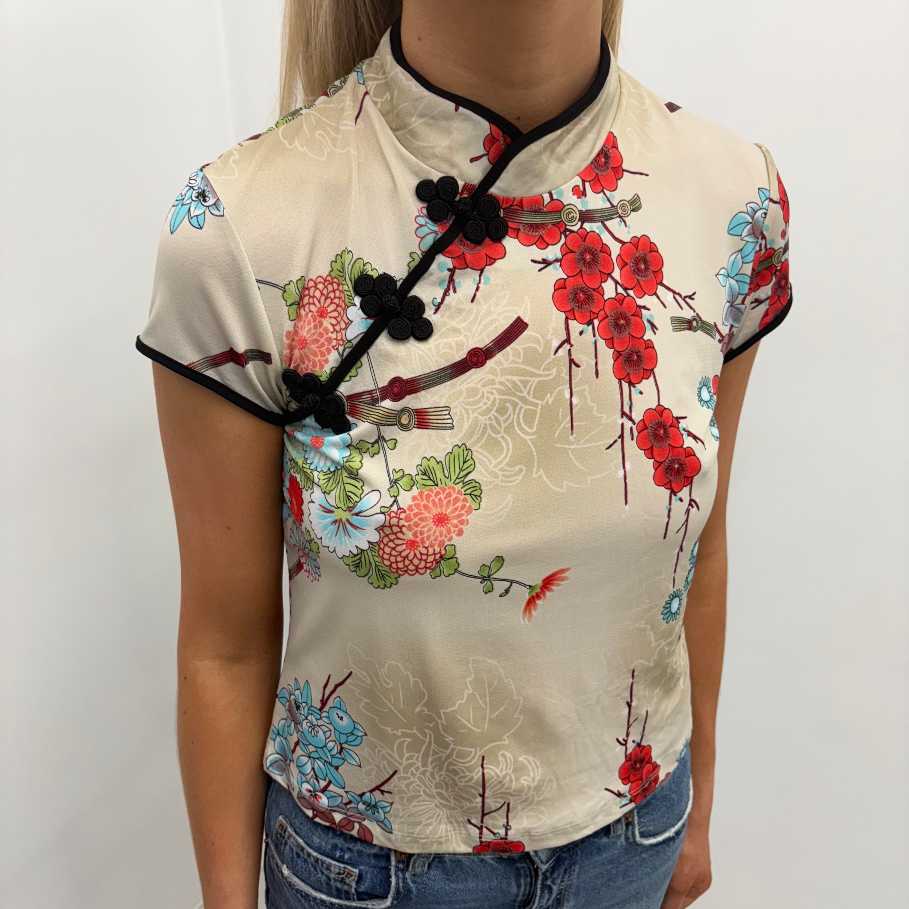 Beige Floral Oriental-Style Top