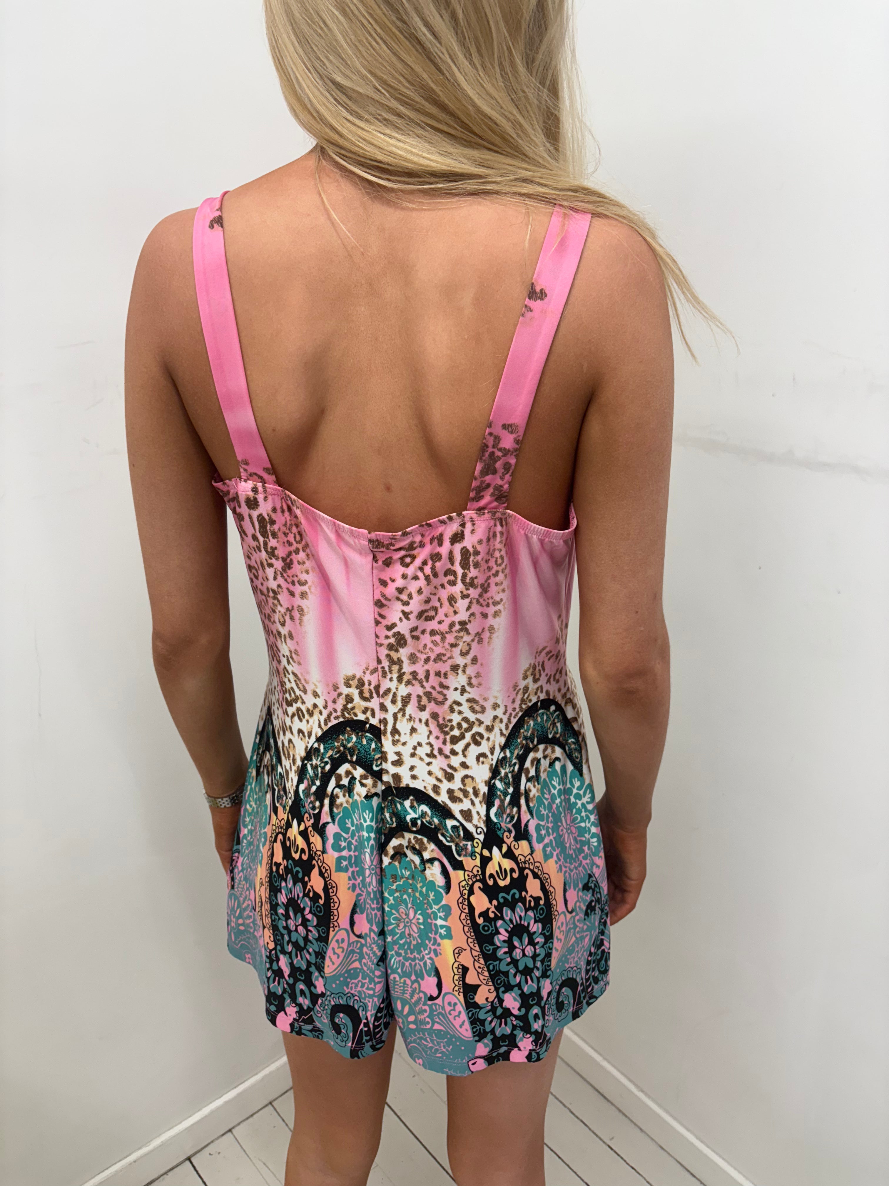 Pink Leopard & Paisley Print Mini Dress Beaded Neckline