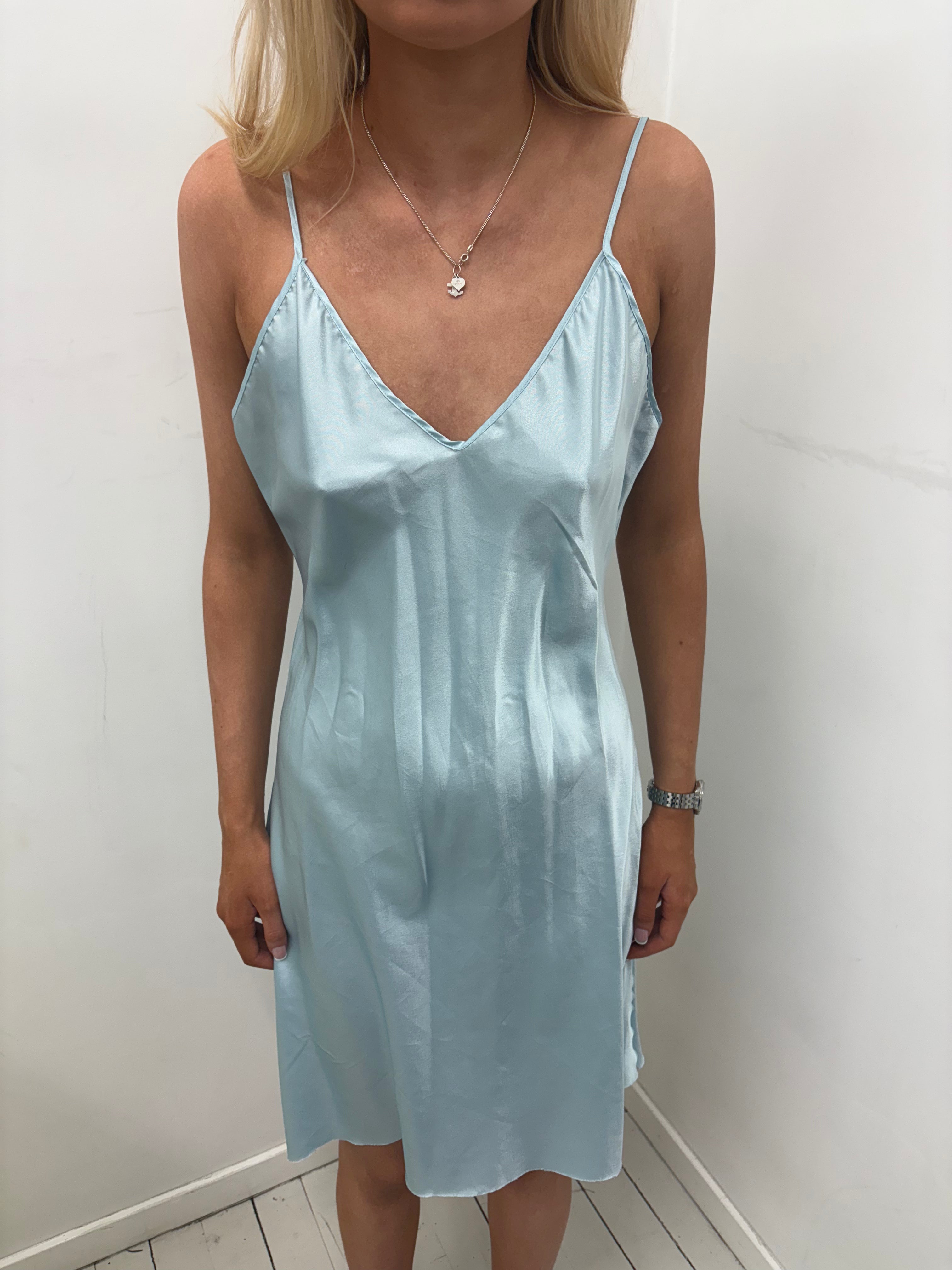 Baby Blue Satin Slip Dress Midi
