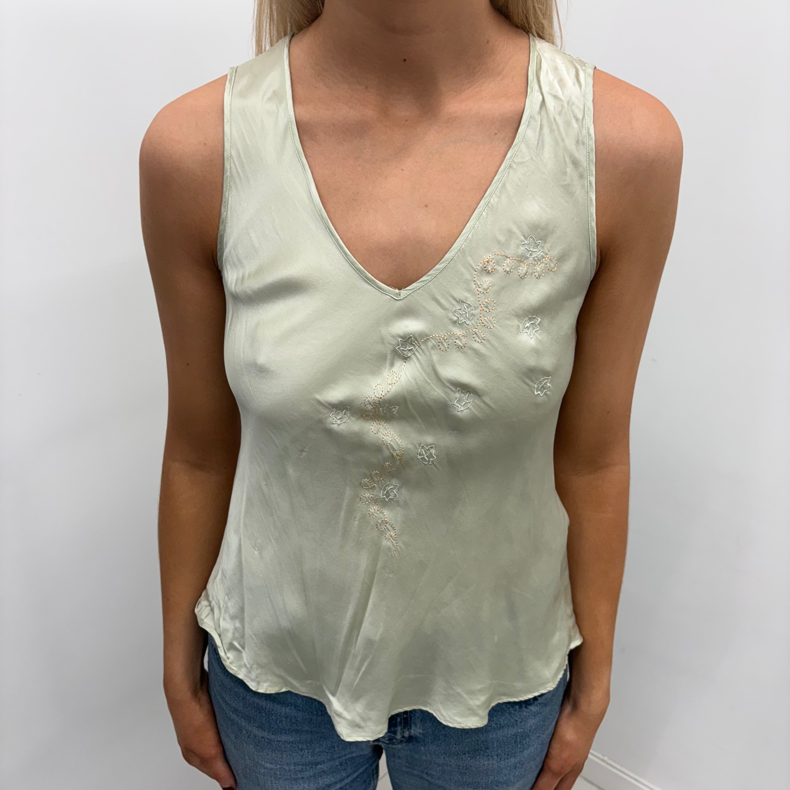 Pale Green Satin Camisole with Embroidery
