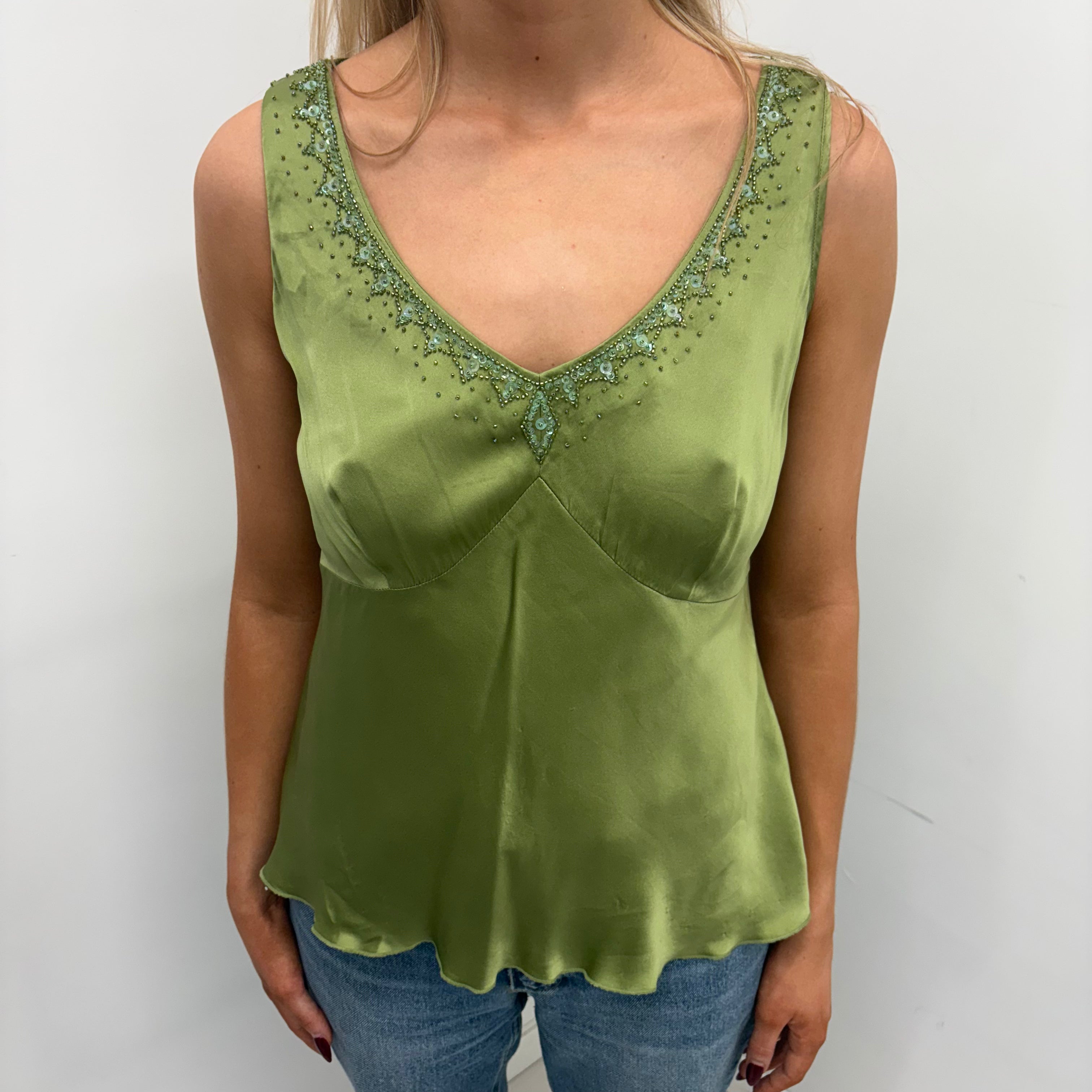 Green Satin Camisole with Beaded Neckline