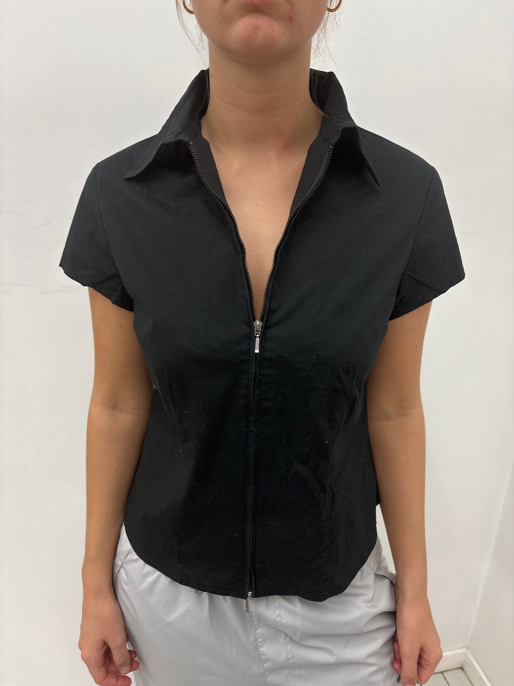 Black Zip-Up Cap Sleeve Fitted Top