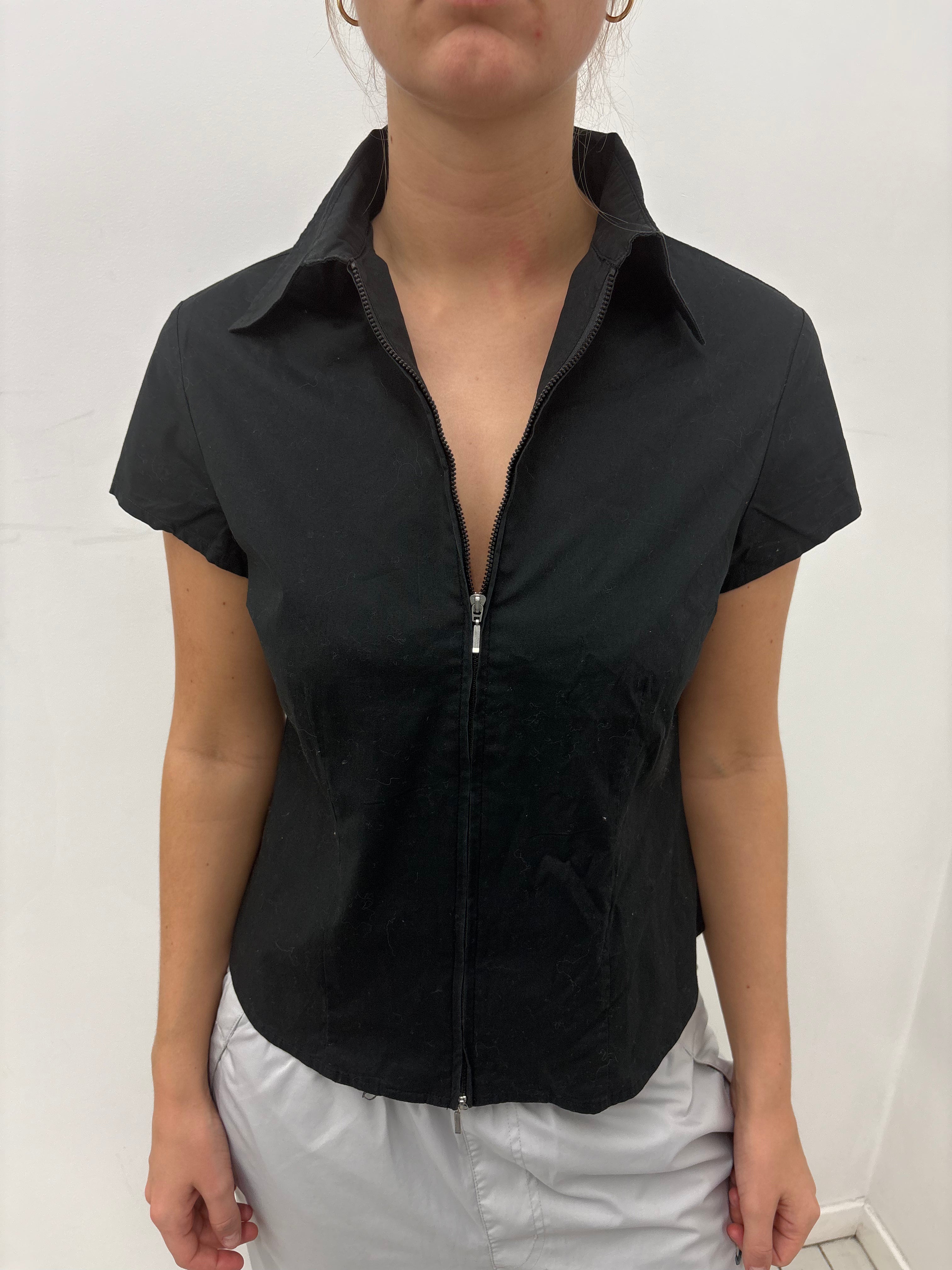Black Zip-Up Cap Sleeve Fitted Top