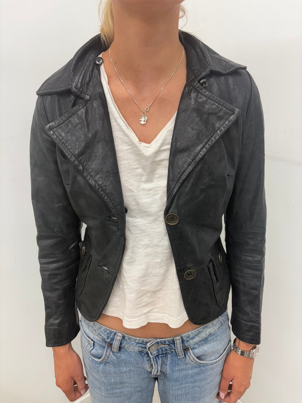Vintage Black Leather Blazer Multi-Button Detail
