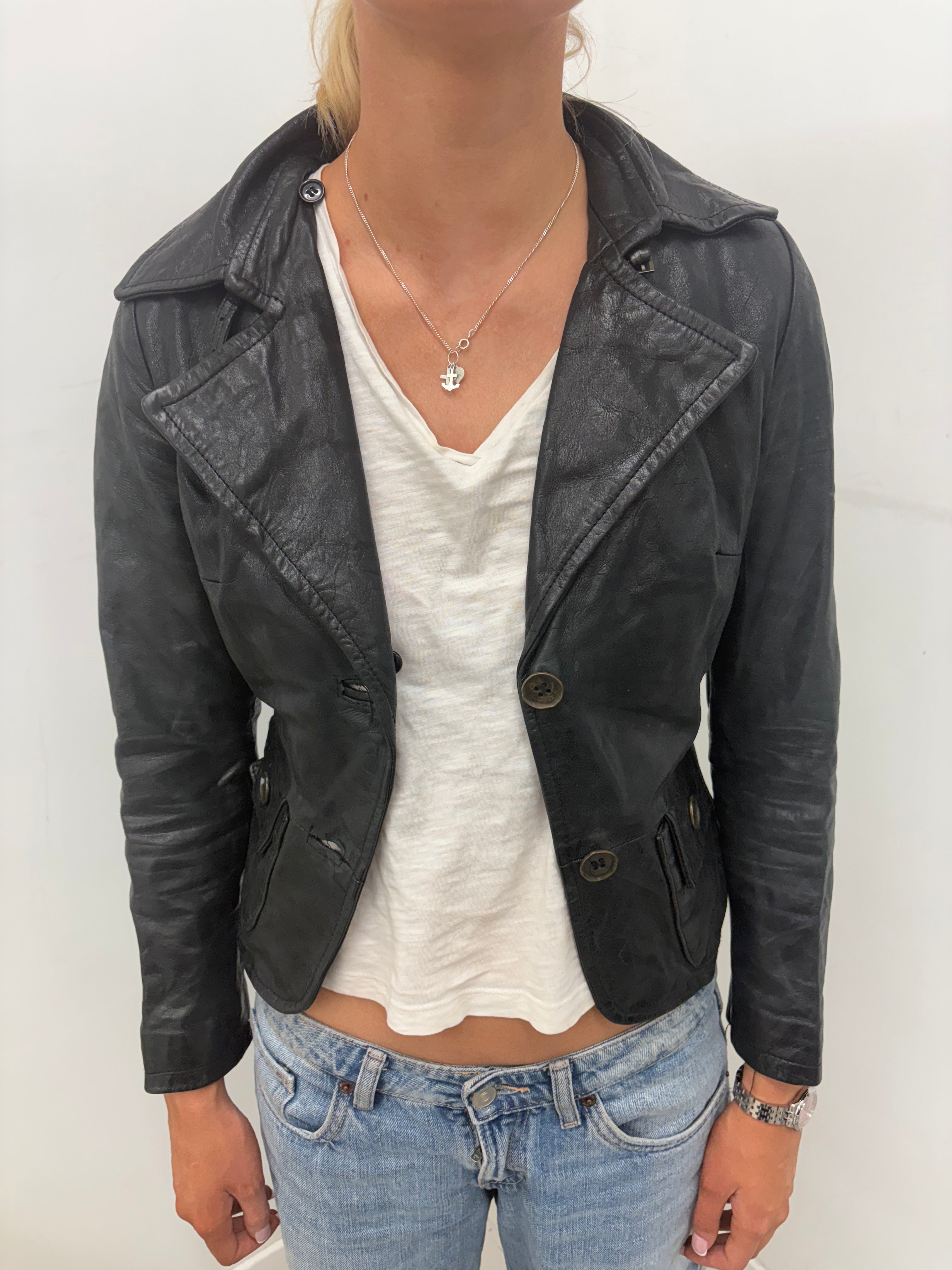 Vintage Black Leather Blazer Multi-Button Detail