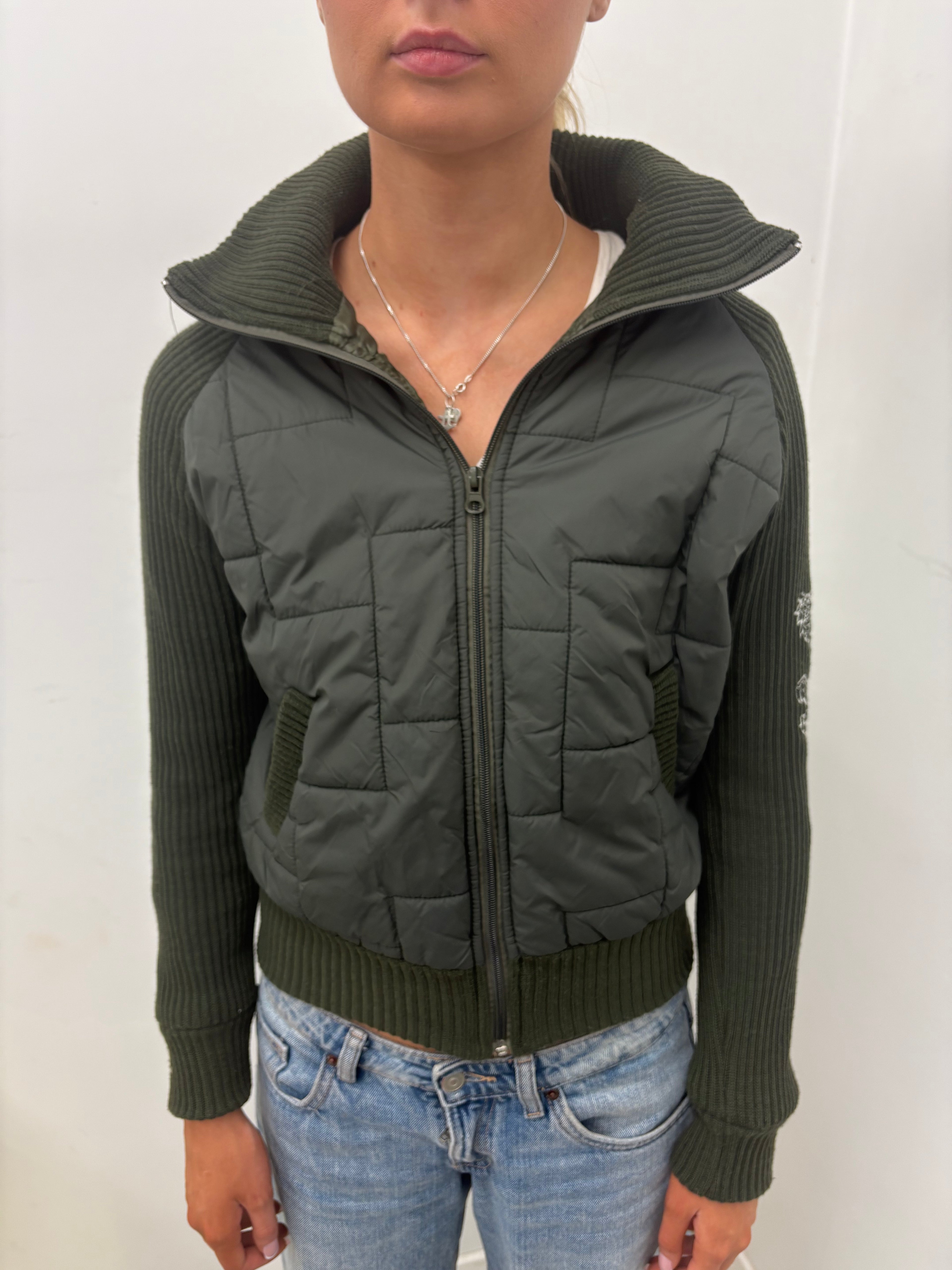 Khaki Quilted Jacket Knit Sleeves Crocodile Embroidery