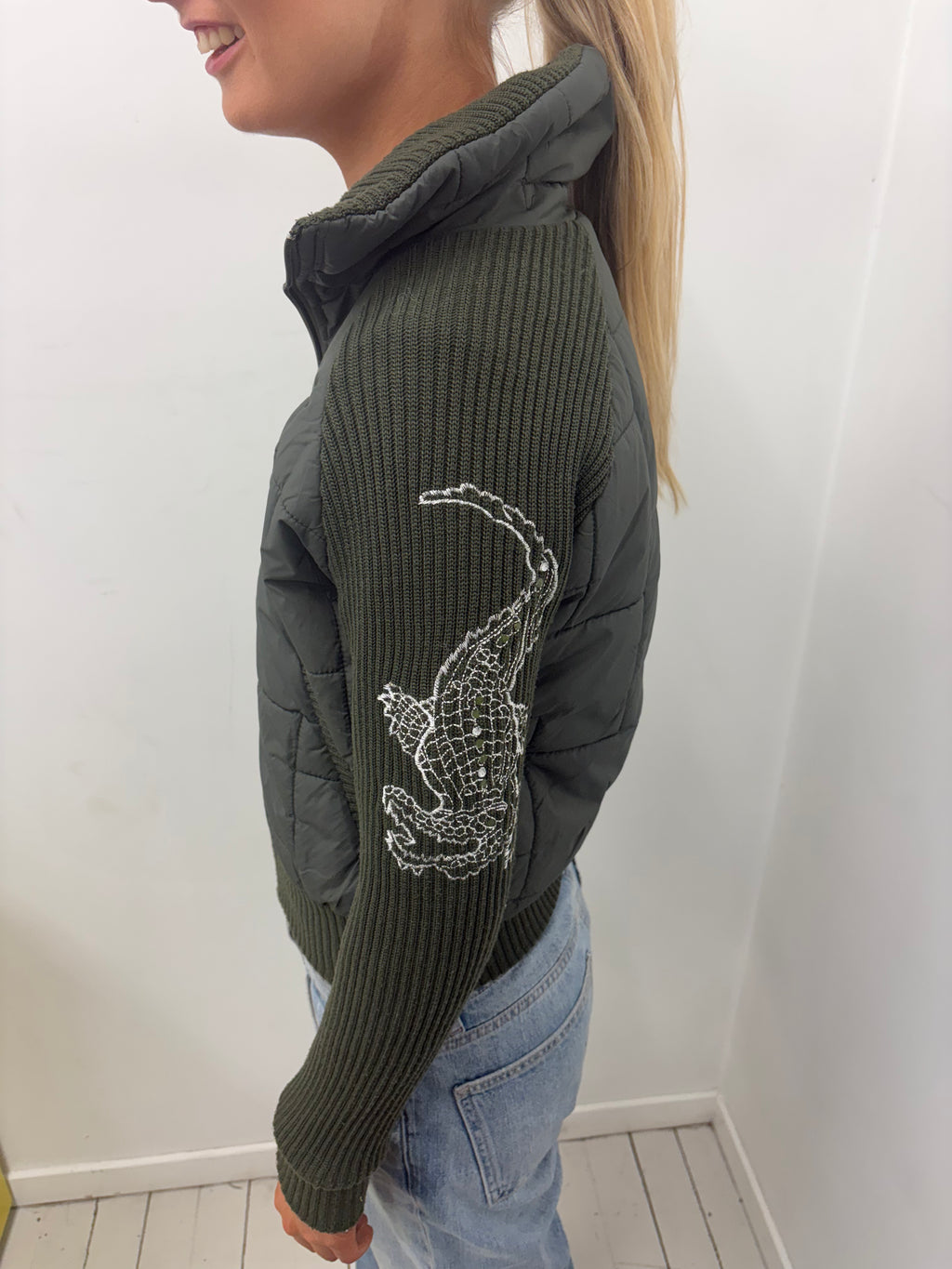 Khaki Quilted Jacket Knit Sleeves Crocodile Embroidery
