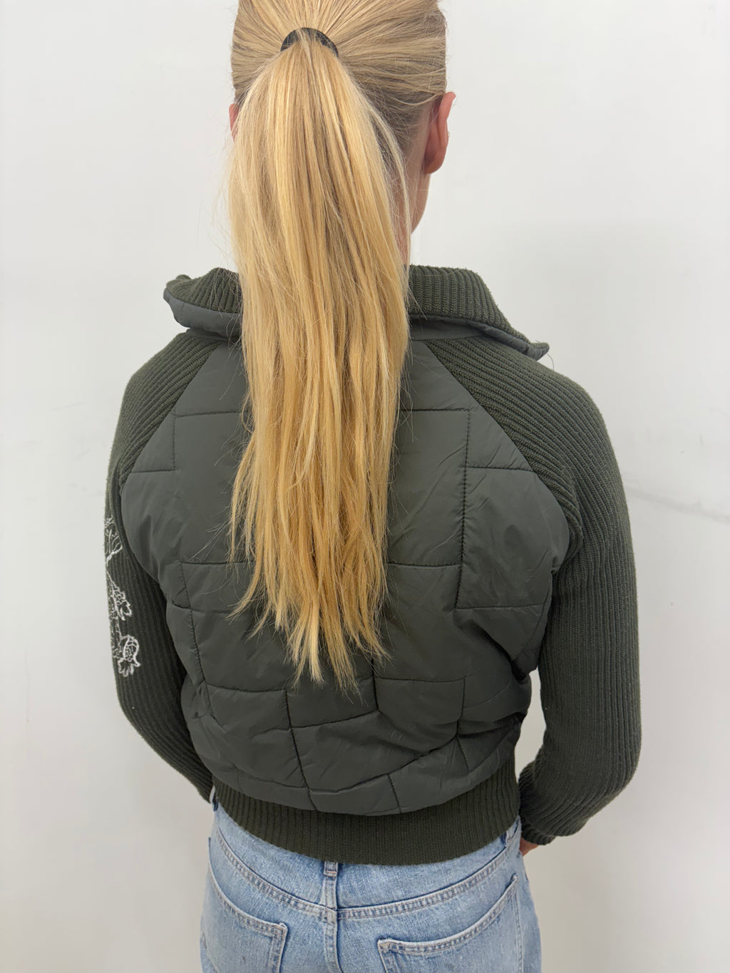 Khaki Quilted Jacket Knit Sleeves Crocodile Embroidery