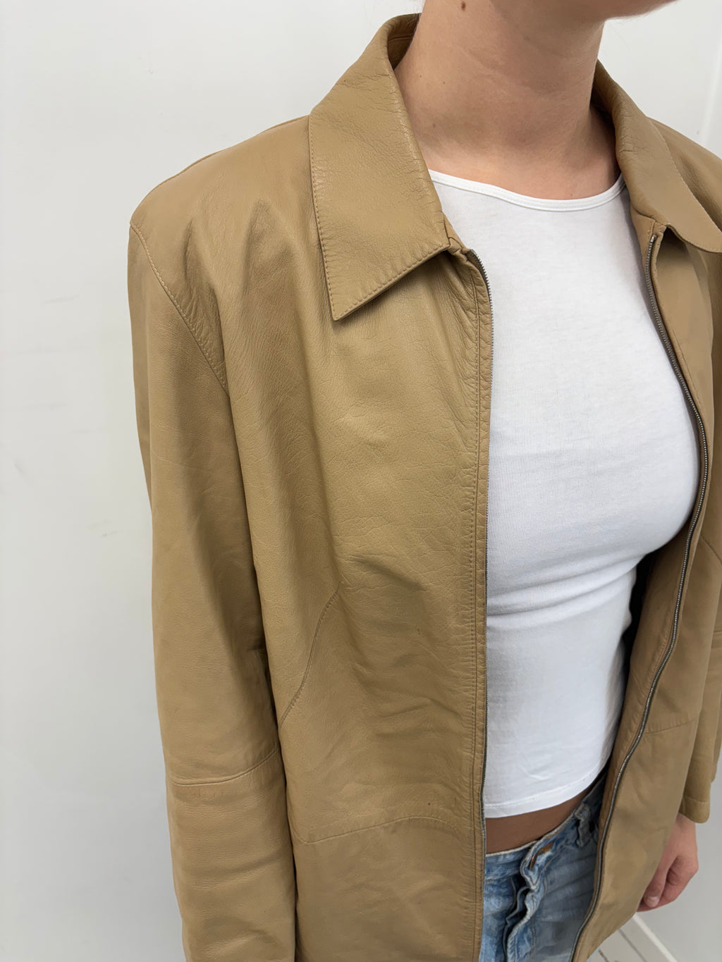 Camel Tan Zip-Up Oversized Leather Jacket