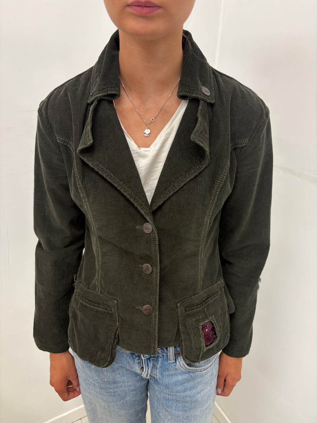Khaki Corduroy Blazer Rose Sequin Patch Detail