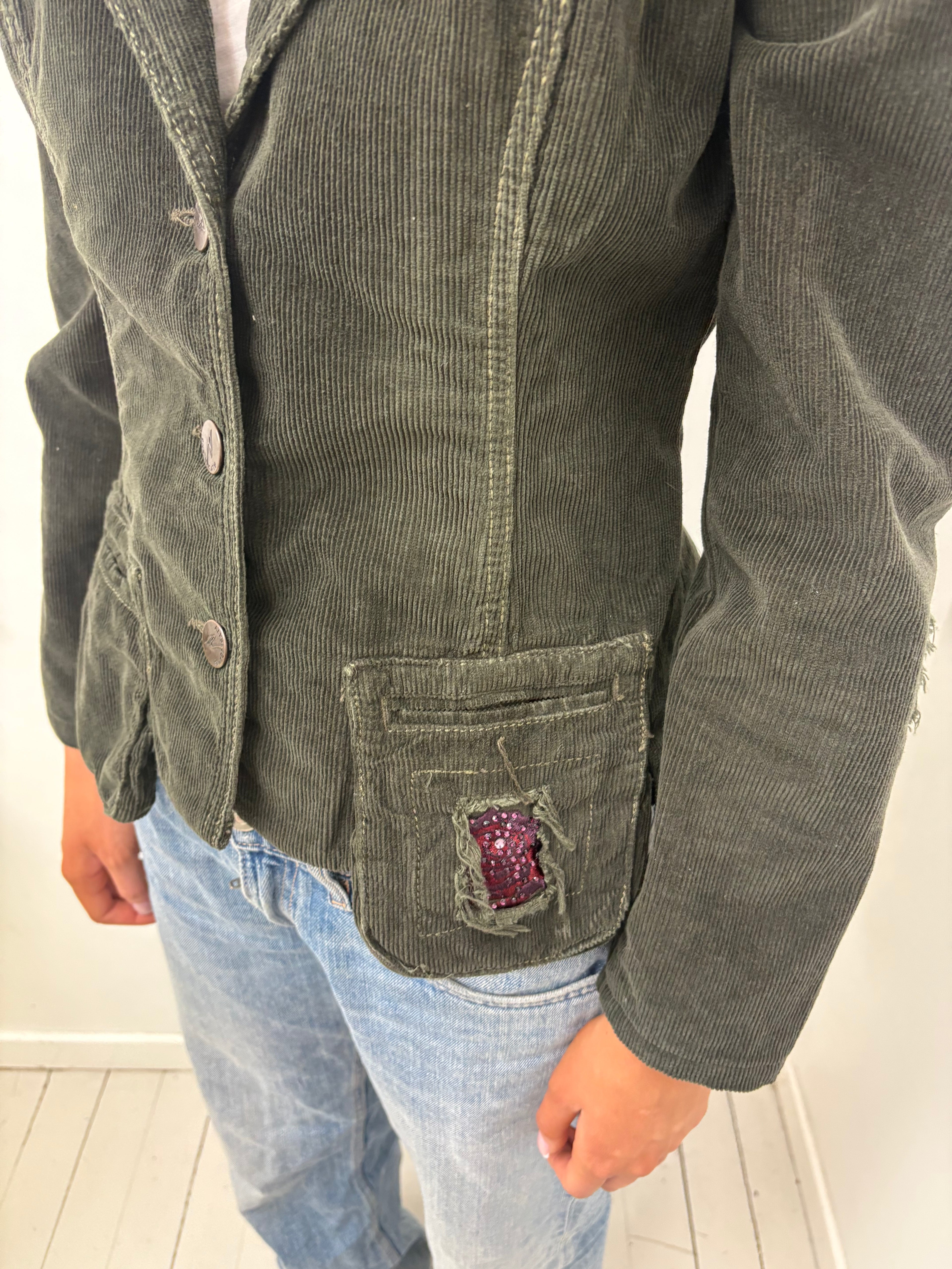 Khaki Corduroy Blazer Rose Sequin Patch Detail