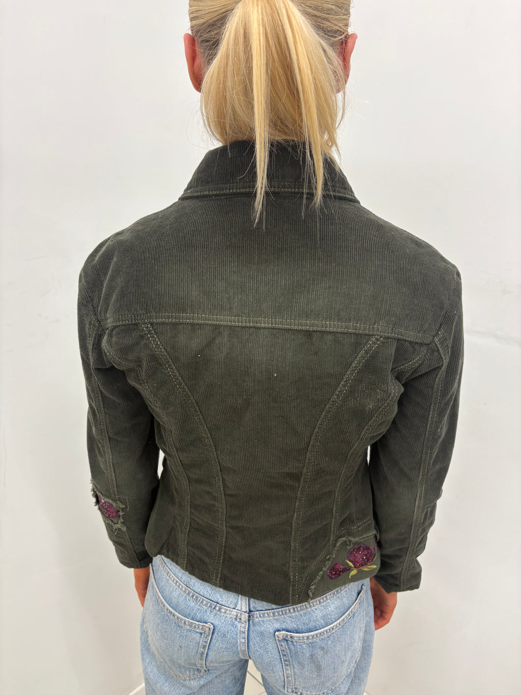 Khaki Corduroy Blazer Rose Sequin Patch Detail