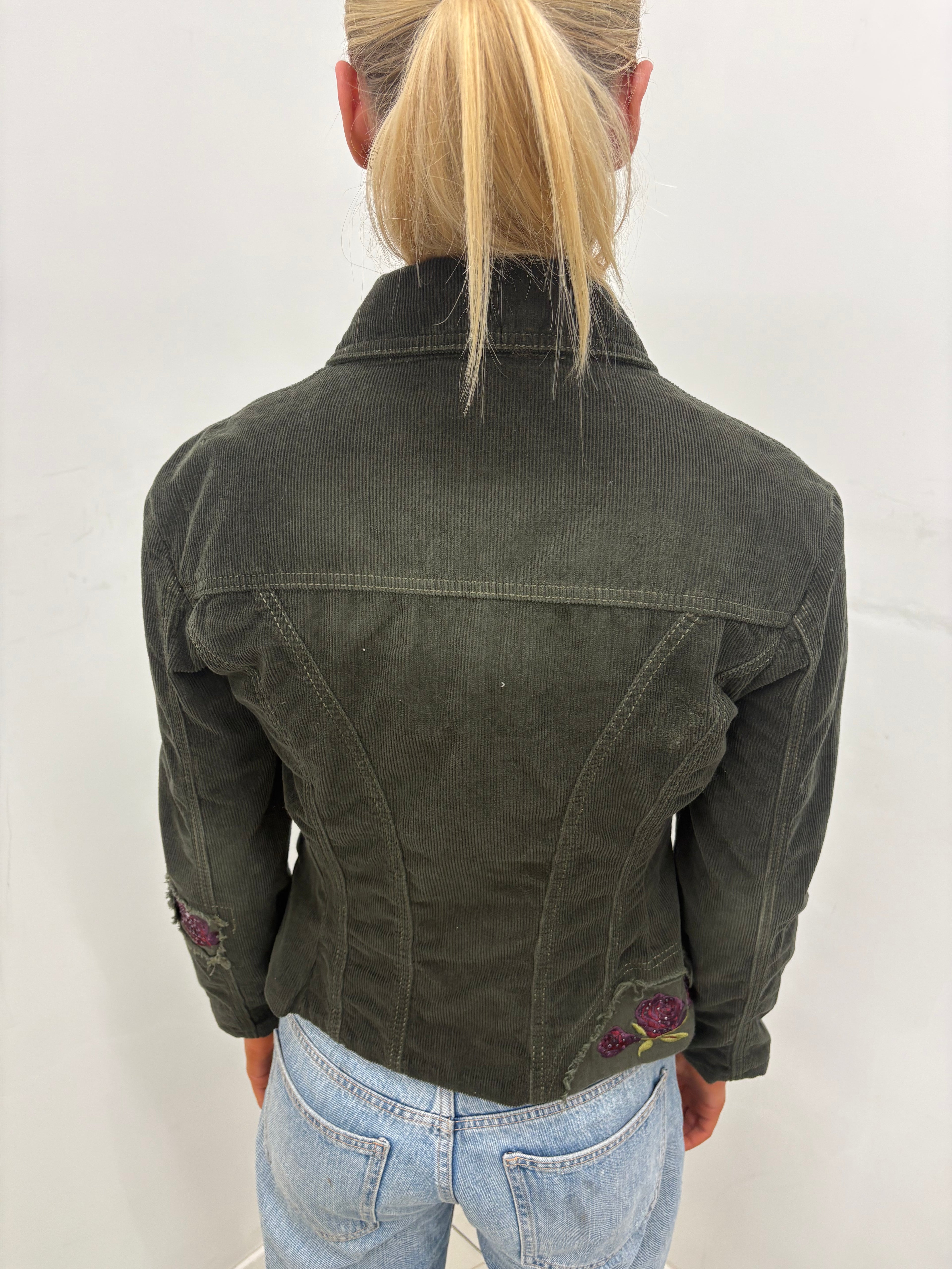 Khaki Corduroy Blazer Rose Sequin Patch Detail