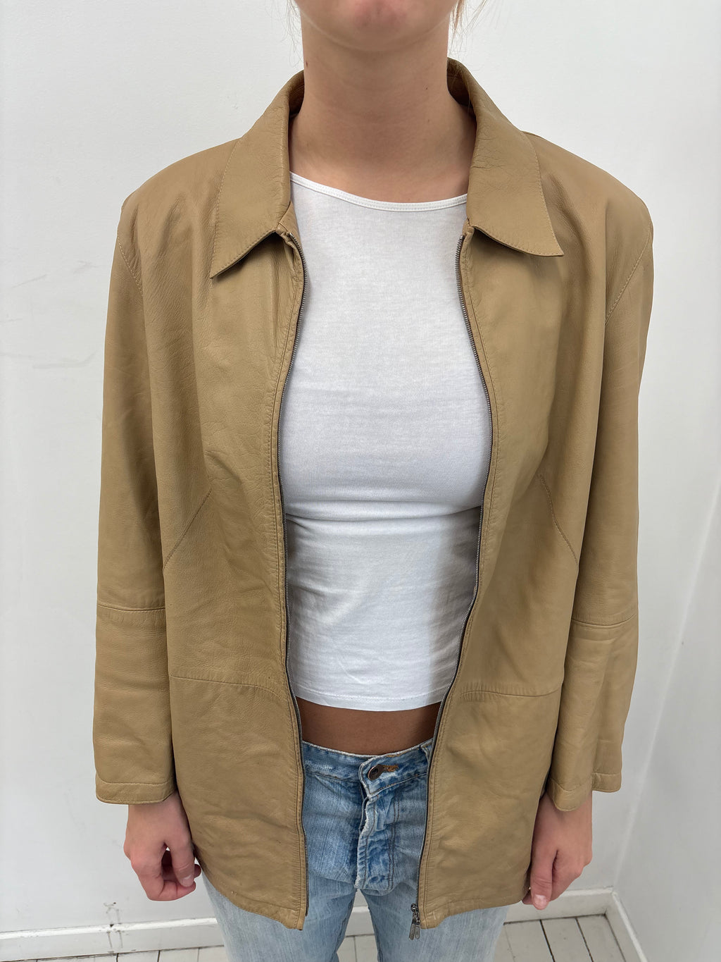 Camel Tan Zip-Up Oversized Leather Jacket
