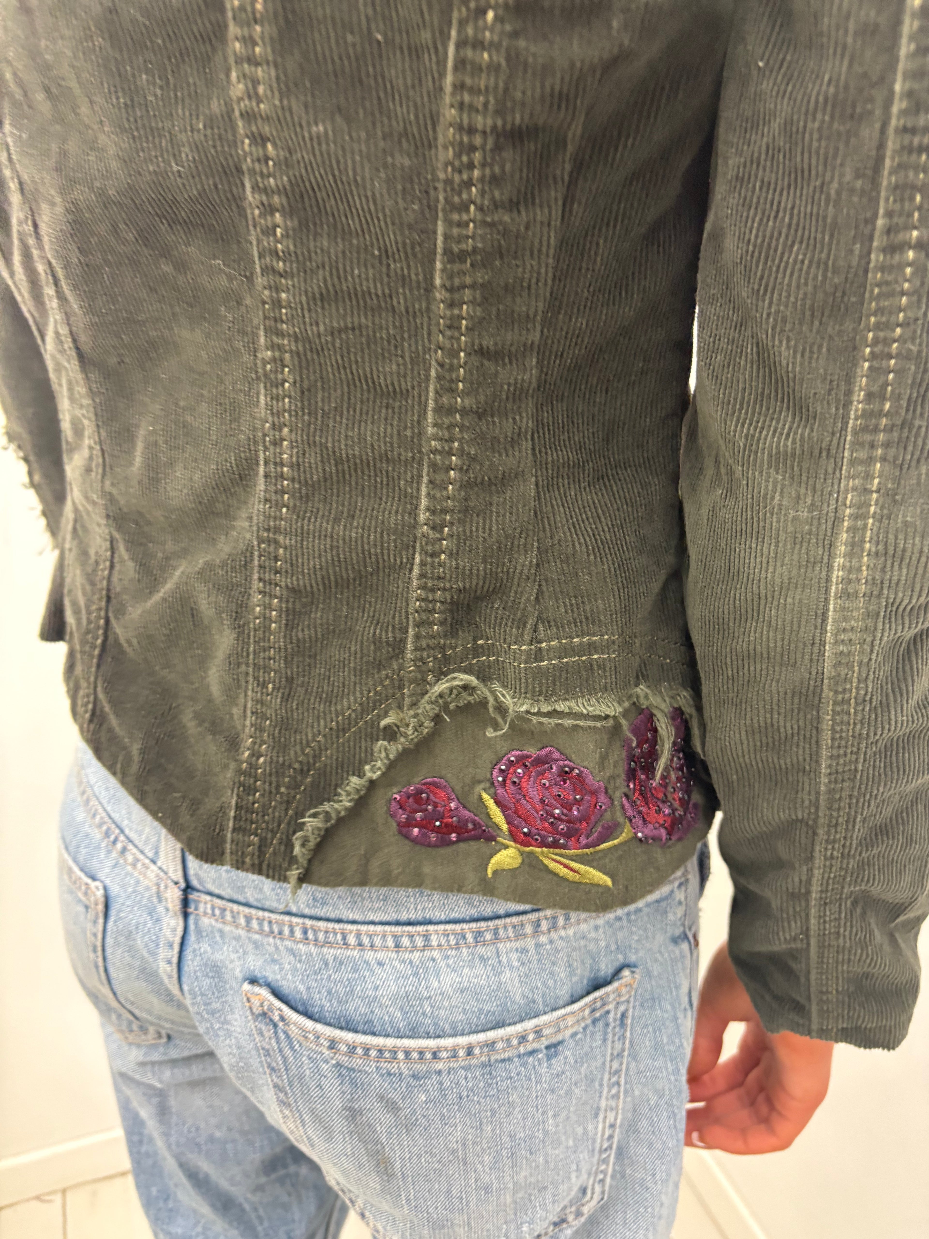 Khaki Corduroy Blazer Rose Sequin Patch Detail