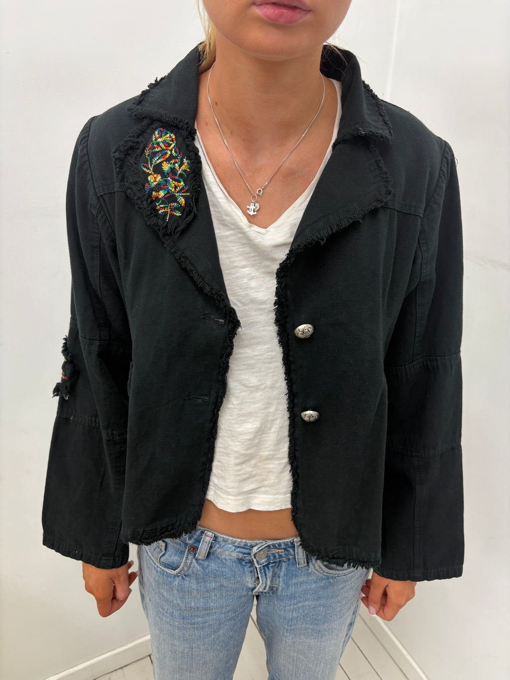 Black Jacket Frayed Edge Embroidered Patches