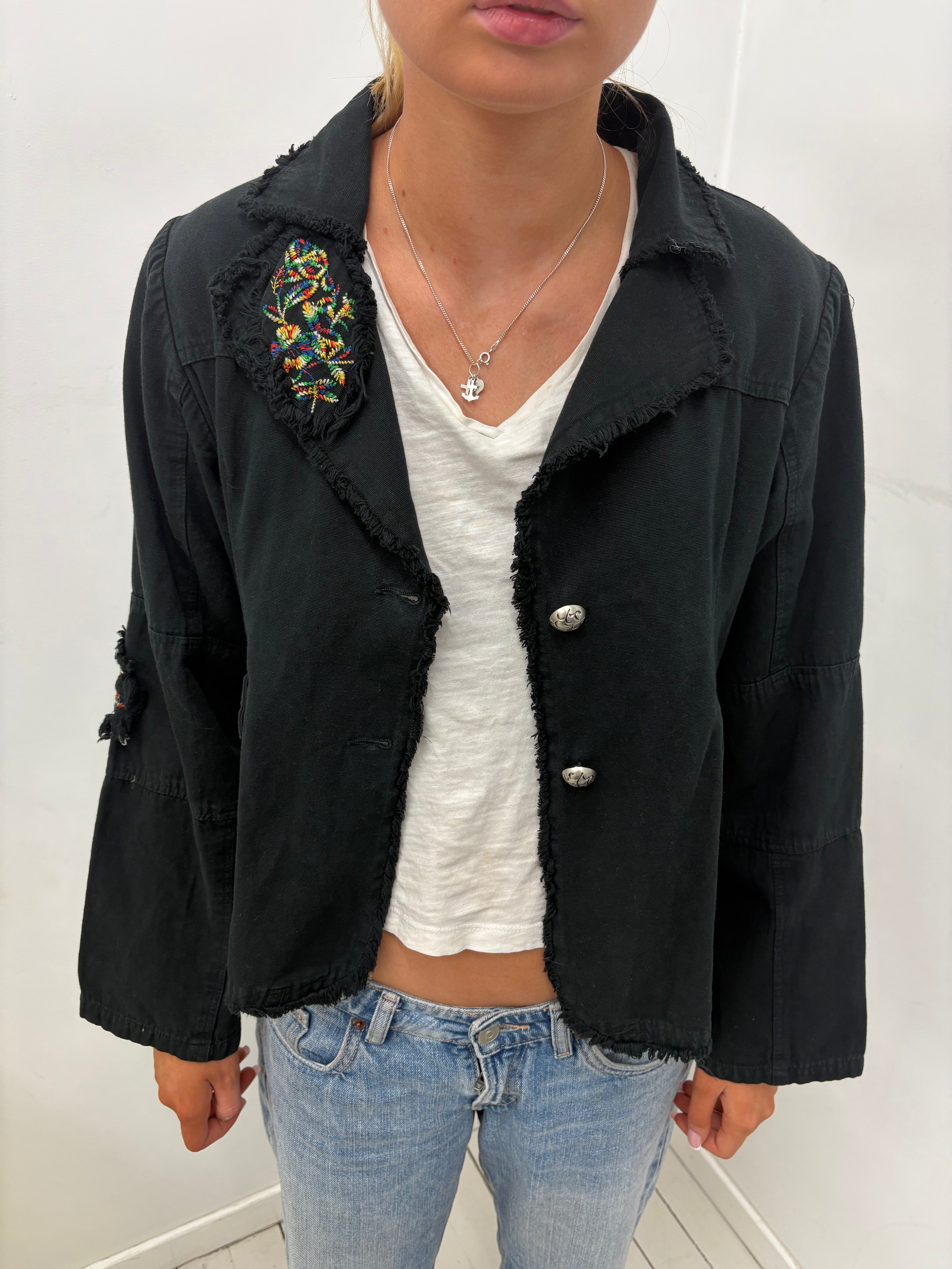 Black Jacket Frayed Edge Embroidered Patches