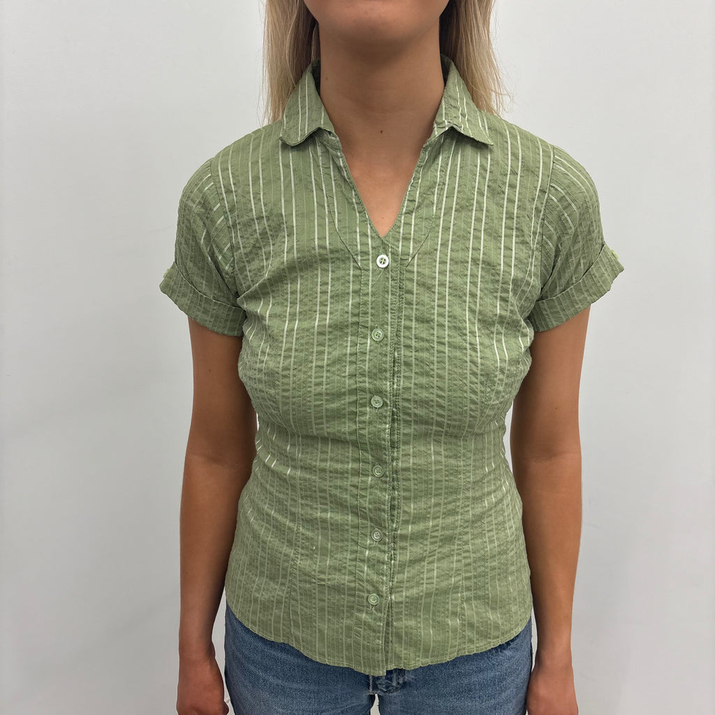 Green Striped Button-Up Shirt