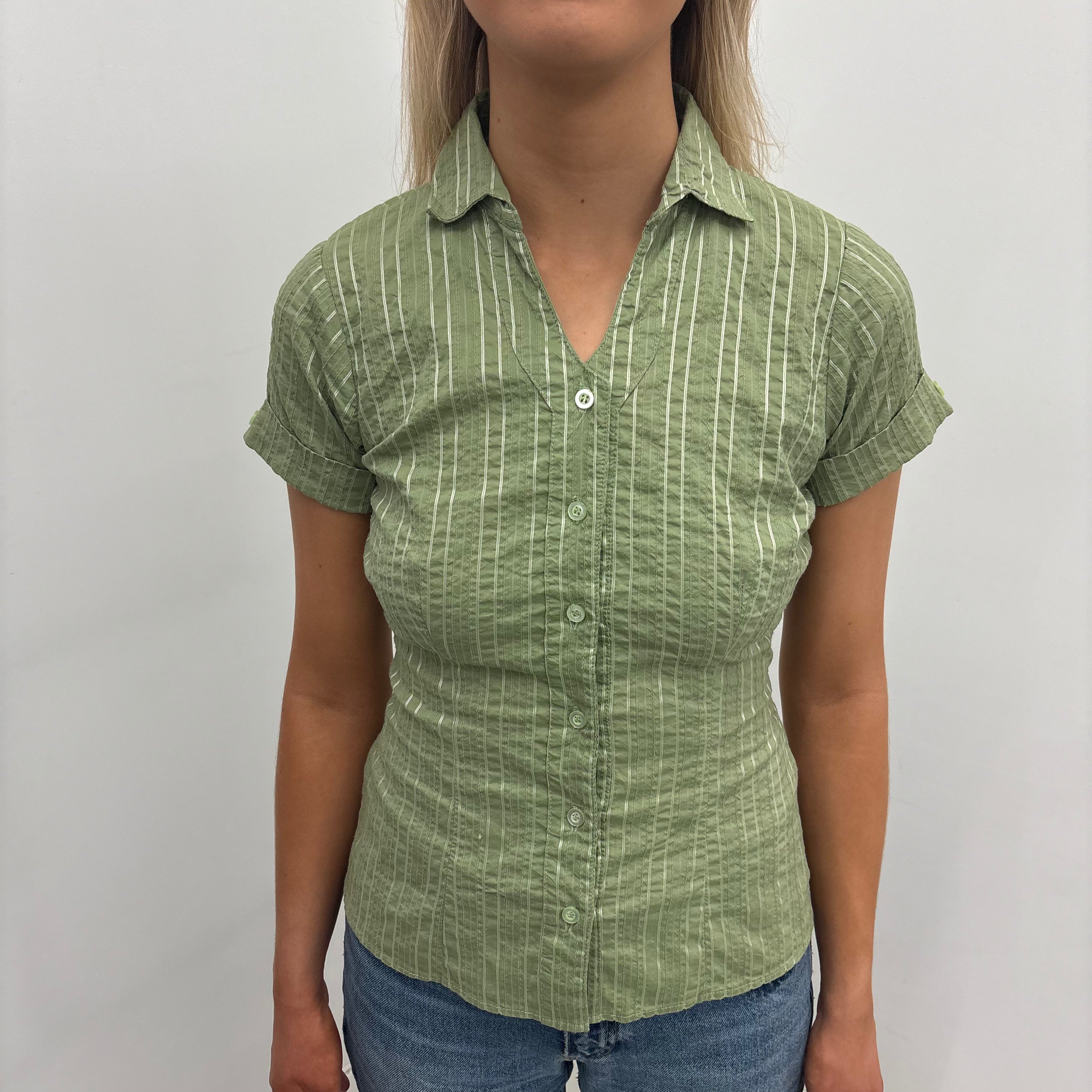 Green Striped Button-Up Shirt