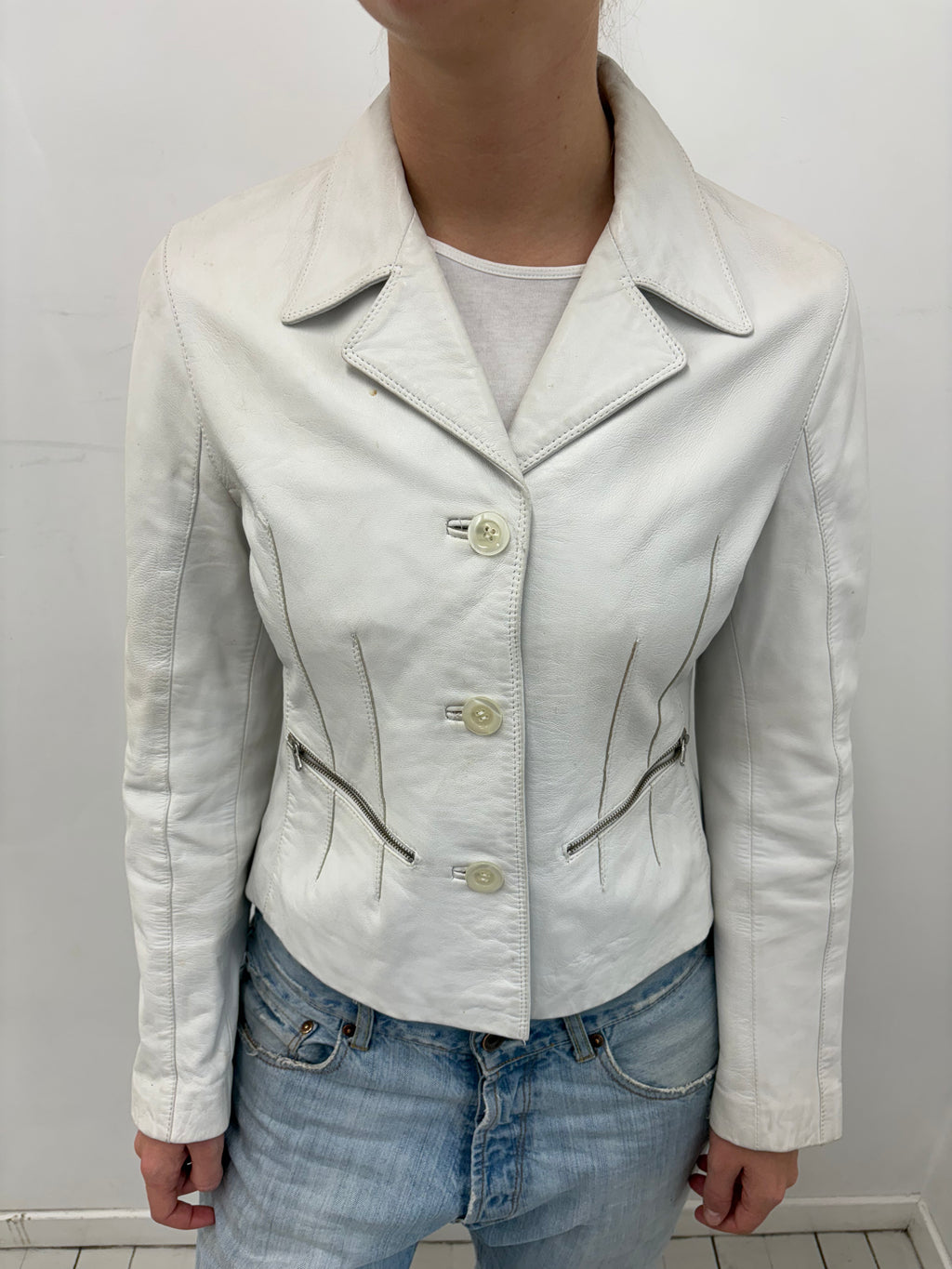 White Fitted Leather Jacket Silver Zip Detail